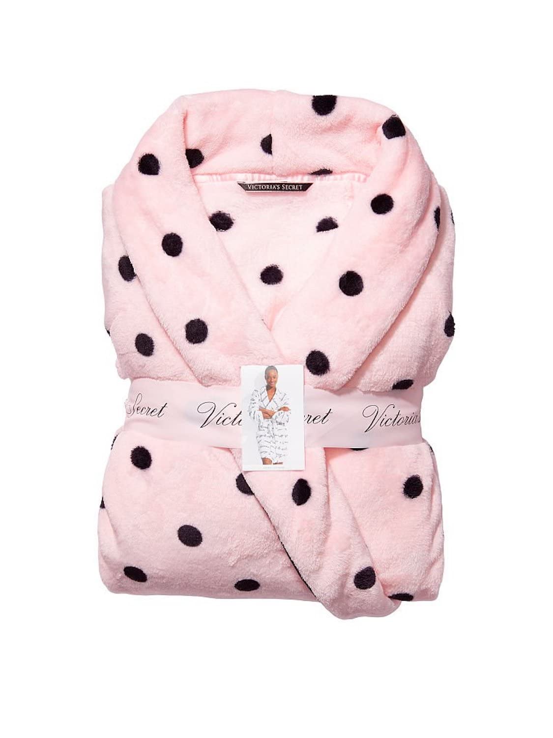 Victoria's Secret Short Cozy Robe Color Pink Black Dot Size Med/Large New