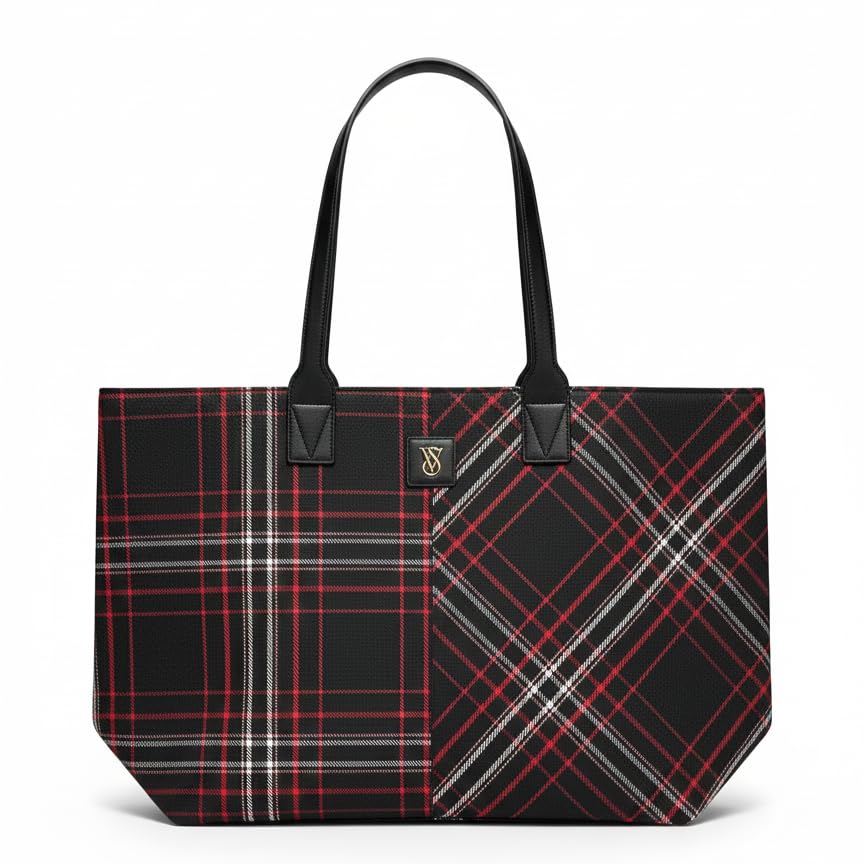 Victoria's Secret Plaid Tote Bag – Cozy Red & Black Winter Plaid with Gold VS Monogram – Top Zip, Interior Slip Pocket – One Size