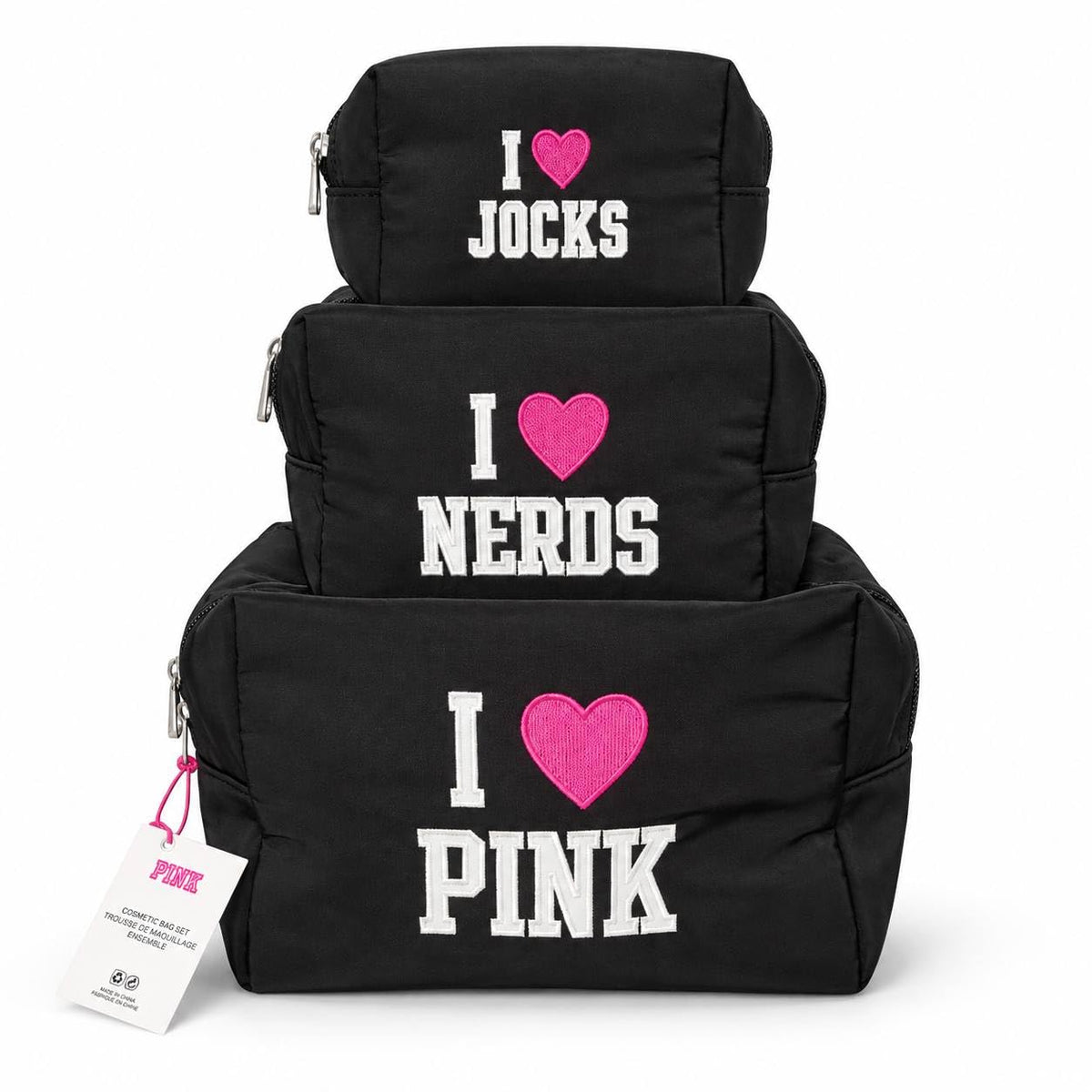 Victoria’s Secret PINK Makeup Bag Trio Set of 3 Black Cosmetic Bags