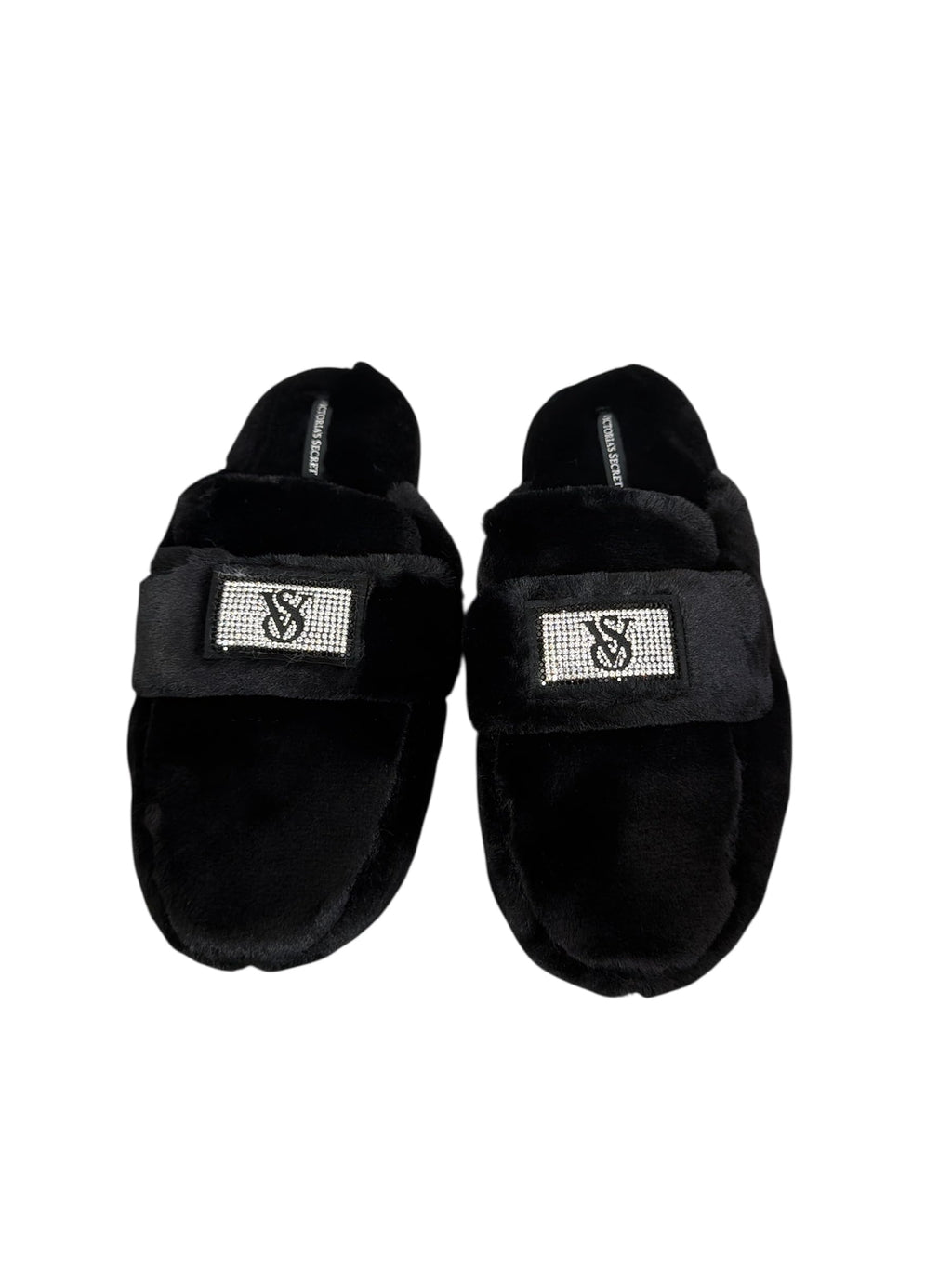 Victoria's Secret Luxe Plush Slide Slippers Black Faux Fur with Rhinestone VS Patch New