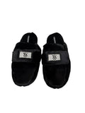 Victoria's Secret Luxe Plush Slide Slippers Black Faux Fur with Rhinestone VS Patch New