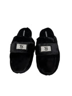 Victoria's Secret Luxe Plush Slide Slippers Black Faux Fur with Rhinestone VS Patch New