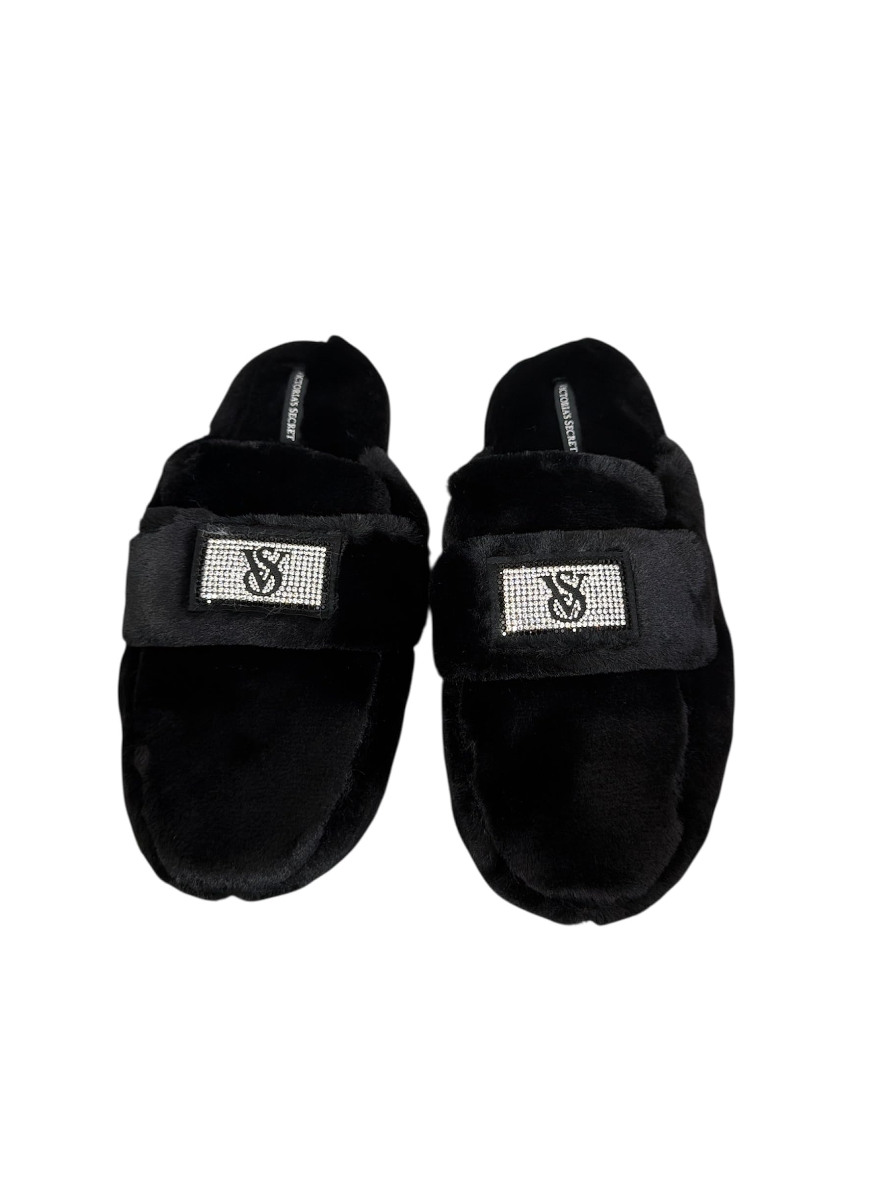 Victoria's Secret Luxe Plush Slide Slippers Black Faux Fur with Rhinestone VS Patch New