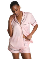 Victoria's Secret Satin Pajama Set, Short Sleeve Button Down & Shorts, Pajamas for Women, Angel Pink, M