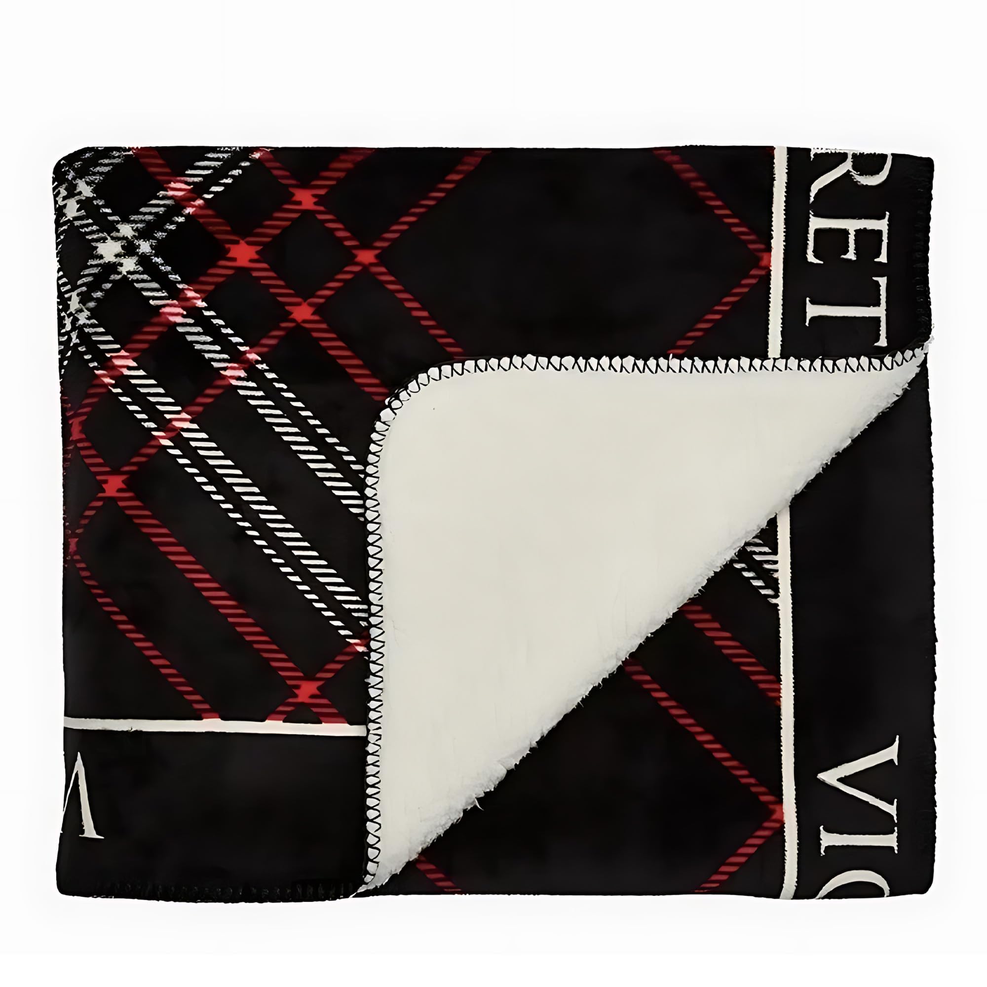 Victoria's Secret Plaid Sherpa Fleece Throw Blanket Black Red Logo New