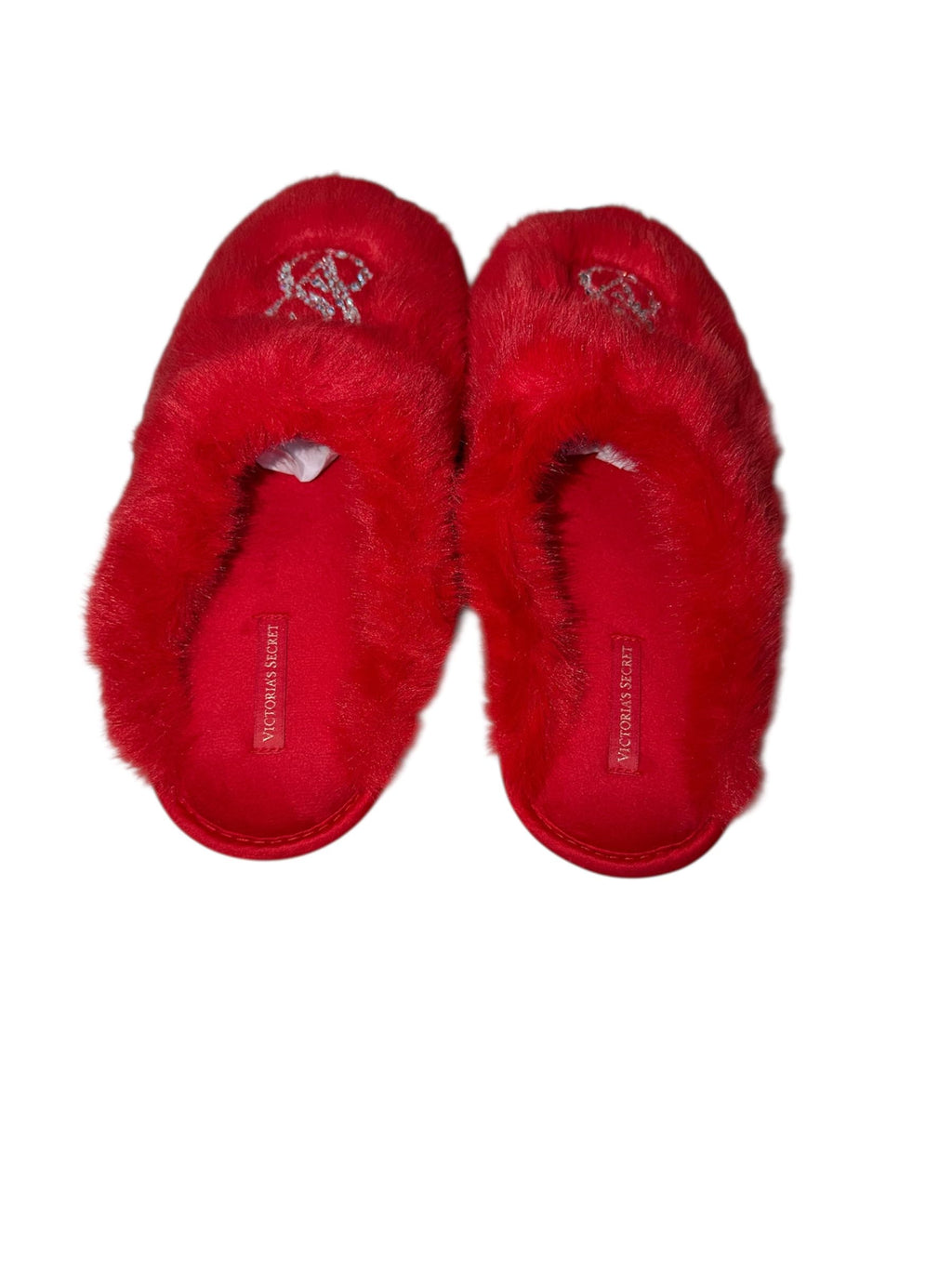 Victoria's Secret Luxe Plush Rhinestone Faux Fur Closed Toe Slippers Red Shine Soft Cozy House Shoes New