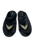 Victoria's Secret Luxe Plush Faux Fur Slippers Black Closed Toe Soft Cozy Angel Wings Indoor Shoes New (Black Angel Wings/Black, 8.5, US Footwear Size System, Adult, Women, Alpha, Medium, Small)