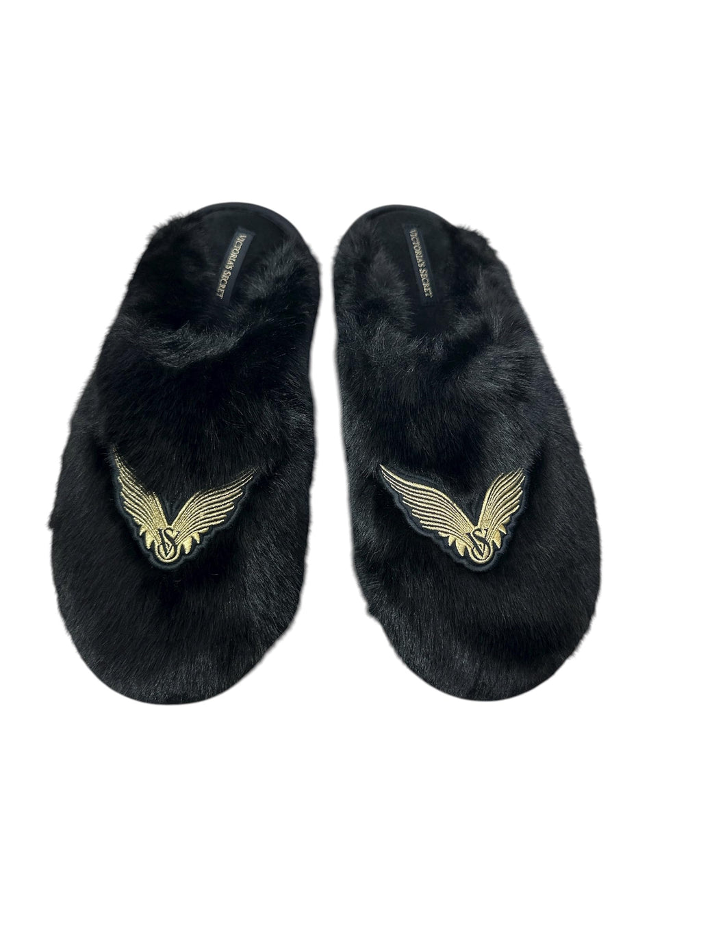 Victoria's Secret Luxe Plush Angel Wings Faux Fur Slippers Black New