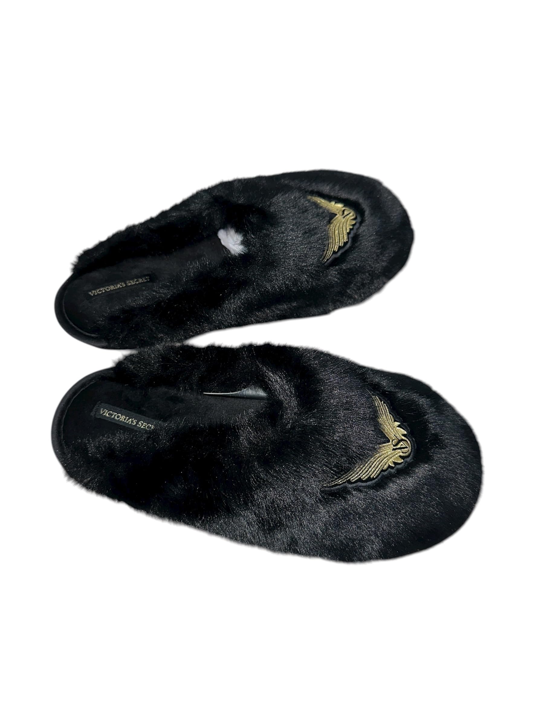 Victoria's Secret Luxe Plush Faux Fur Slippers Black Closed Toe Soft Cozy Angel Wings Indoor Shoes New (Black Angel Wings/Black, 8.5, US Footwear Size System, Adult, Women, Alpha, Medium, Small)