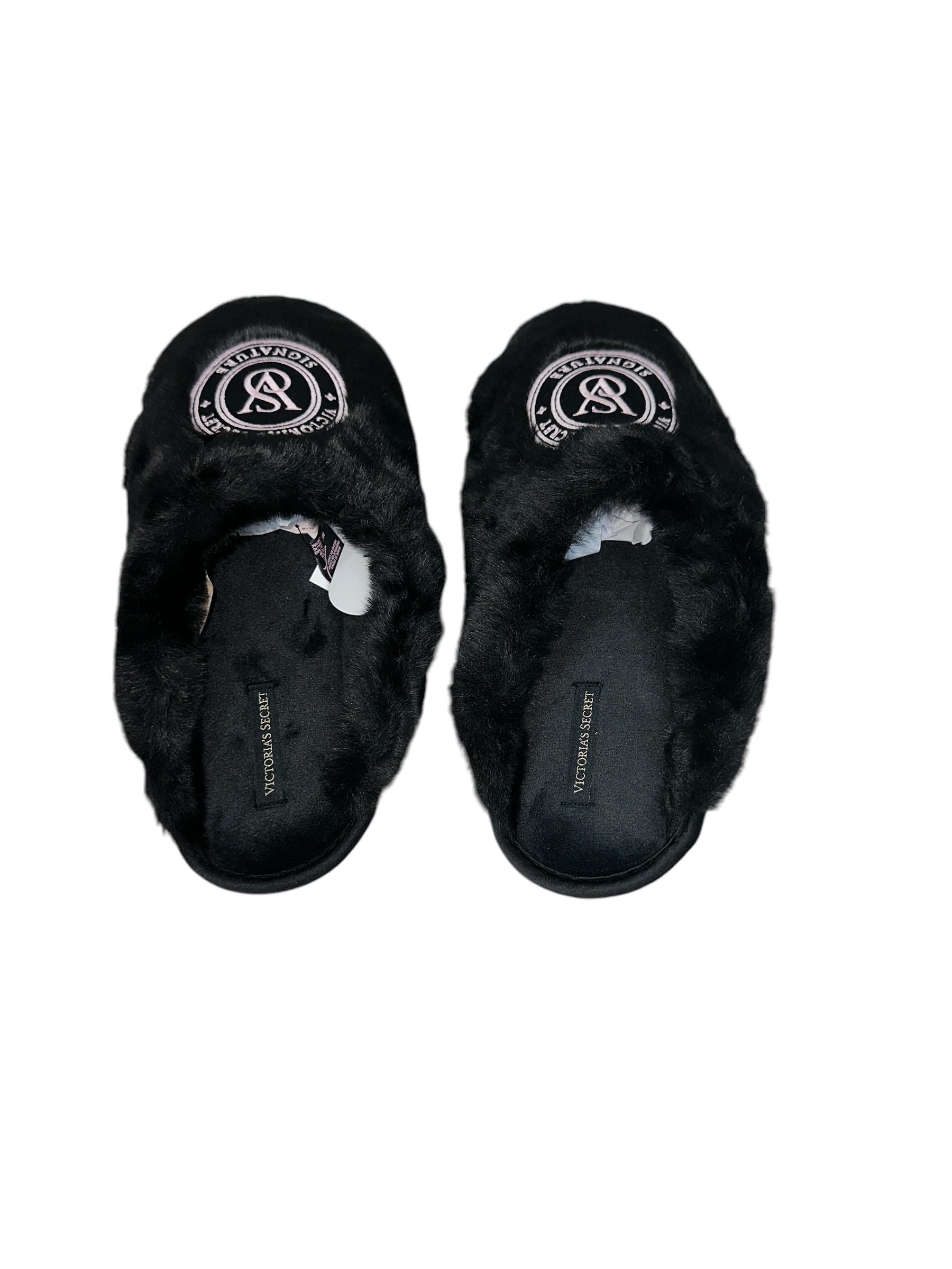 Victoria's Secret Luxe Plush Faux Fur Slippers Black Closed Toe New