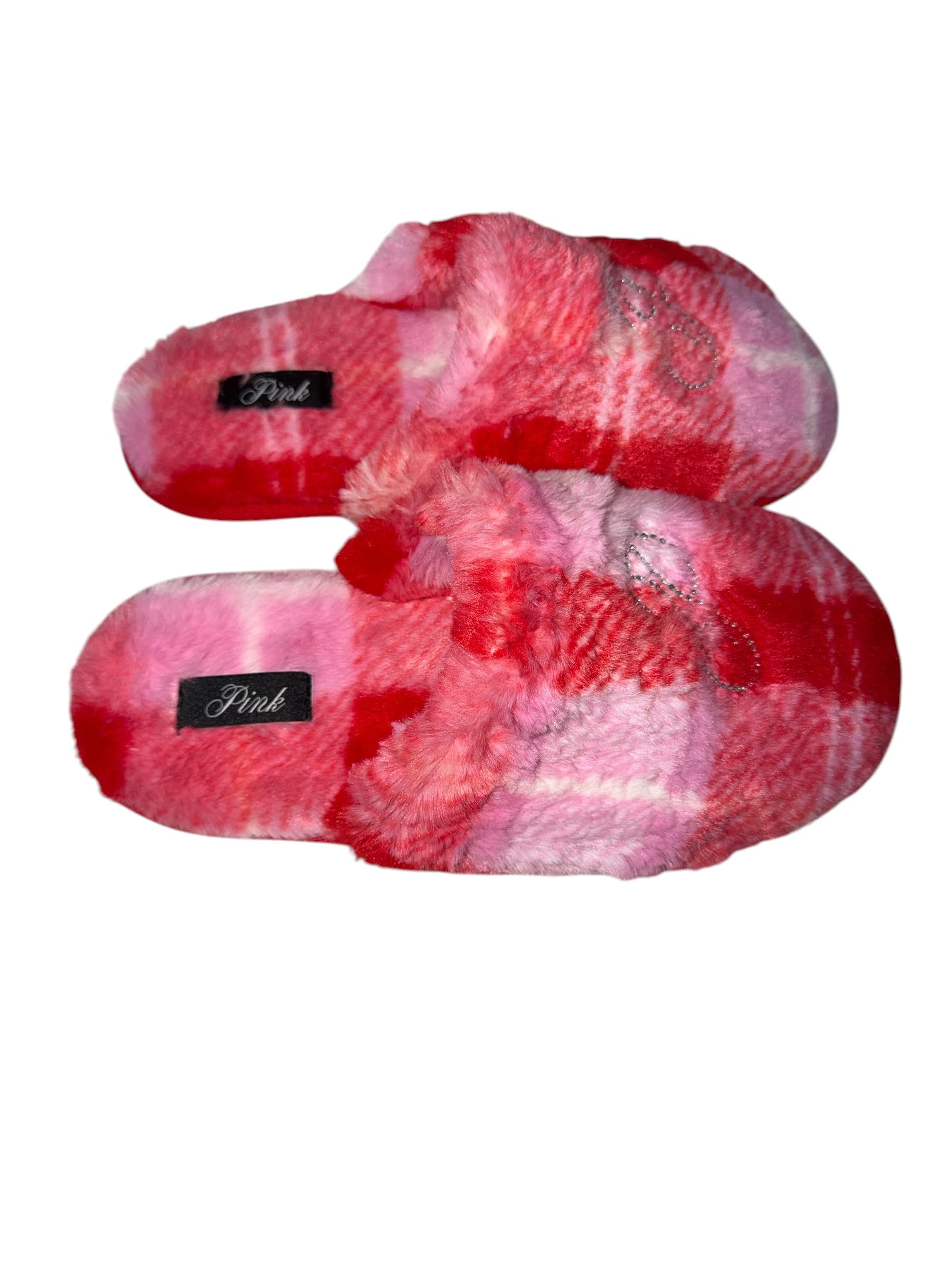Victoria's Secret PINK Faux Fur Plaid Rhinestone Slide Slippers Pink New