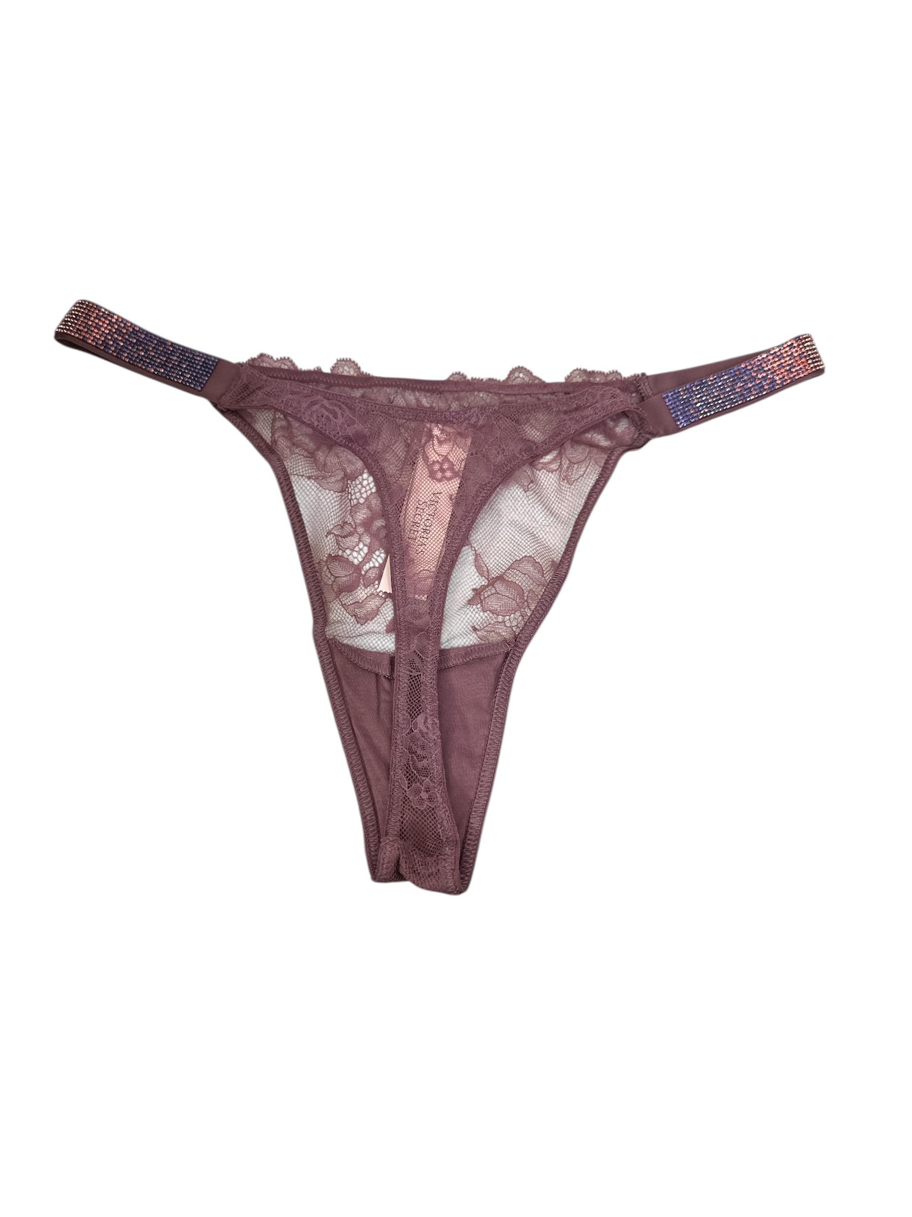 Victoria's Secret Lace Thong Rhinestone Shine Strap Mauve Purple M New