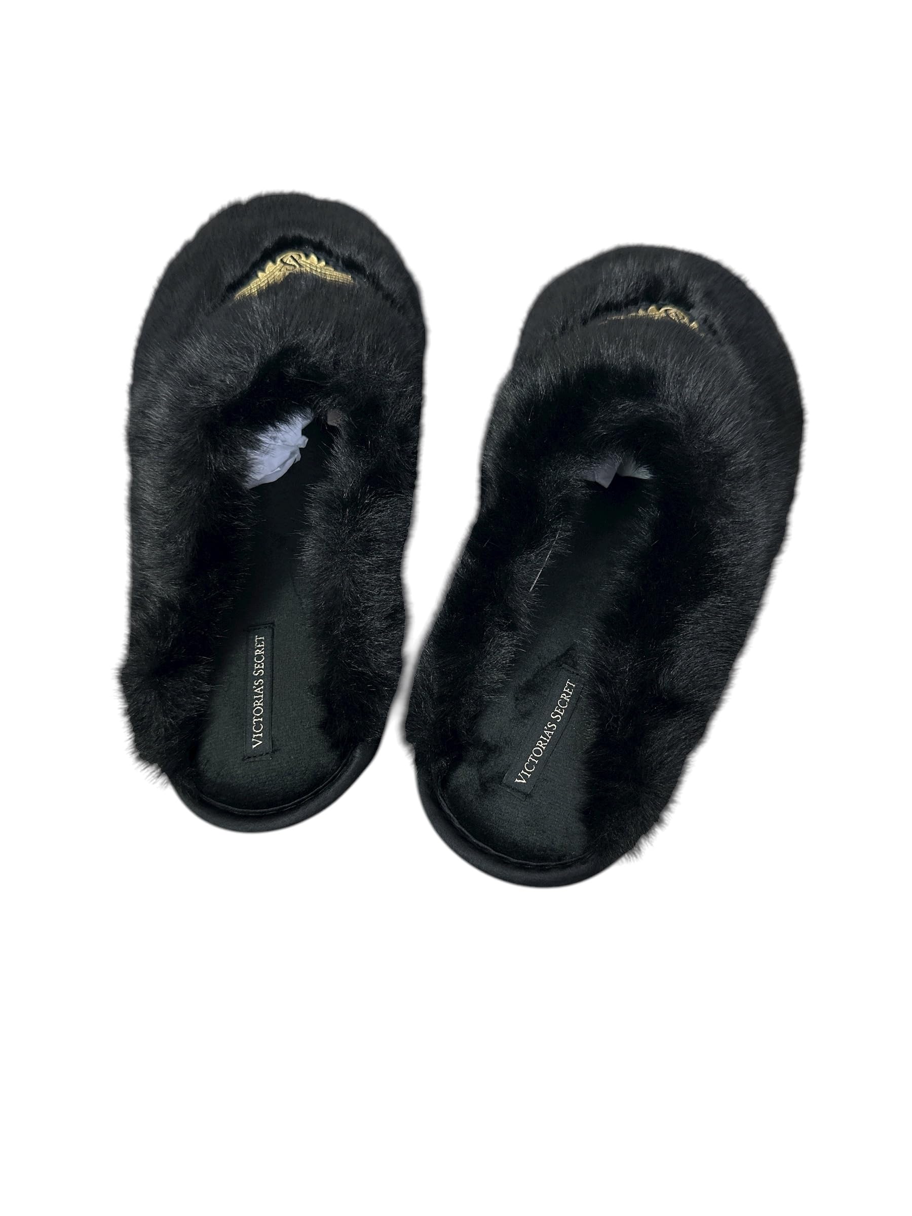 Victoria's Secret Luxe Plush Faux Fur Slippers Black Closed Toe Soft Cozy Angel Wings Indoor Shoes New (Black Angel Wings/Black, 8.5, US Footwear Size System, Adult, Women, Alpha, Medium, Small)
