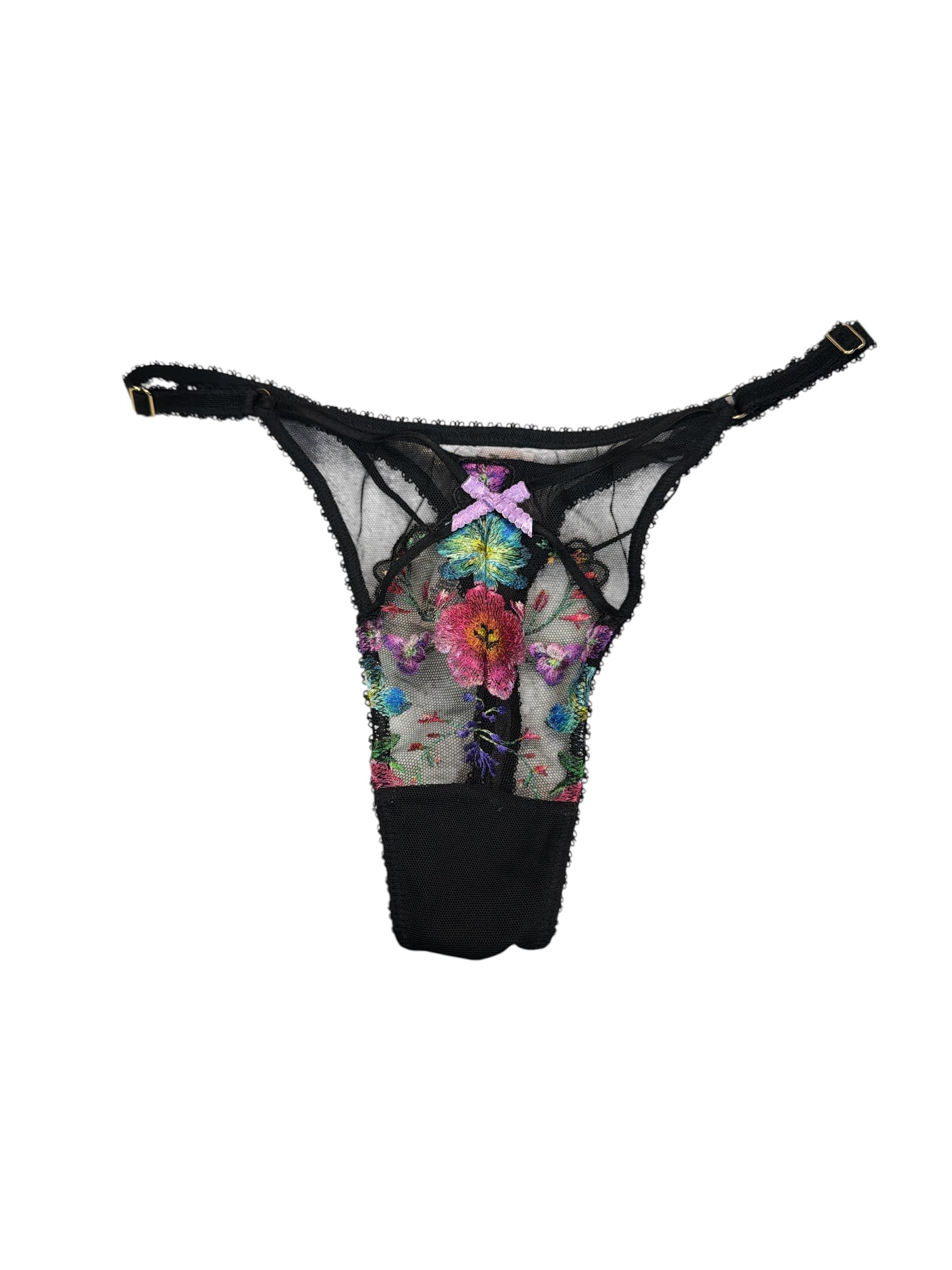 Victoria's Secret Very Sexy Mesh Floral Thong Black Adjustable New Medium