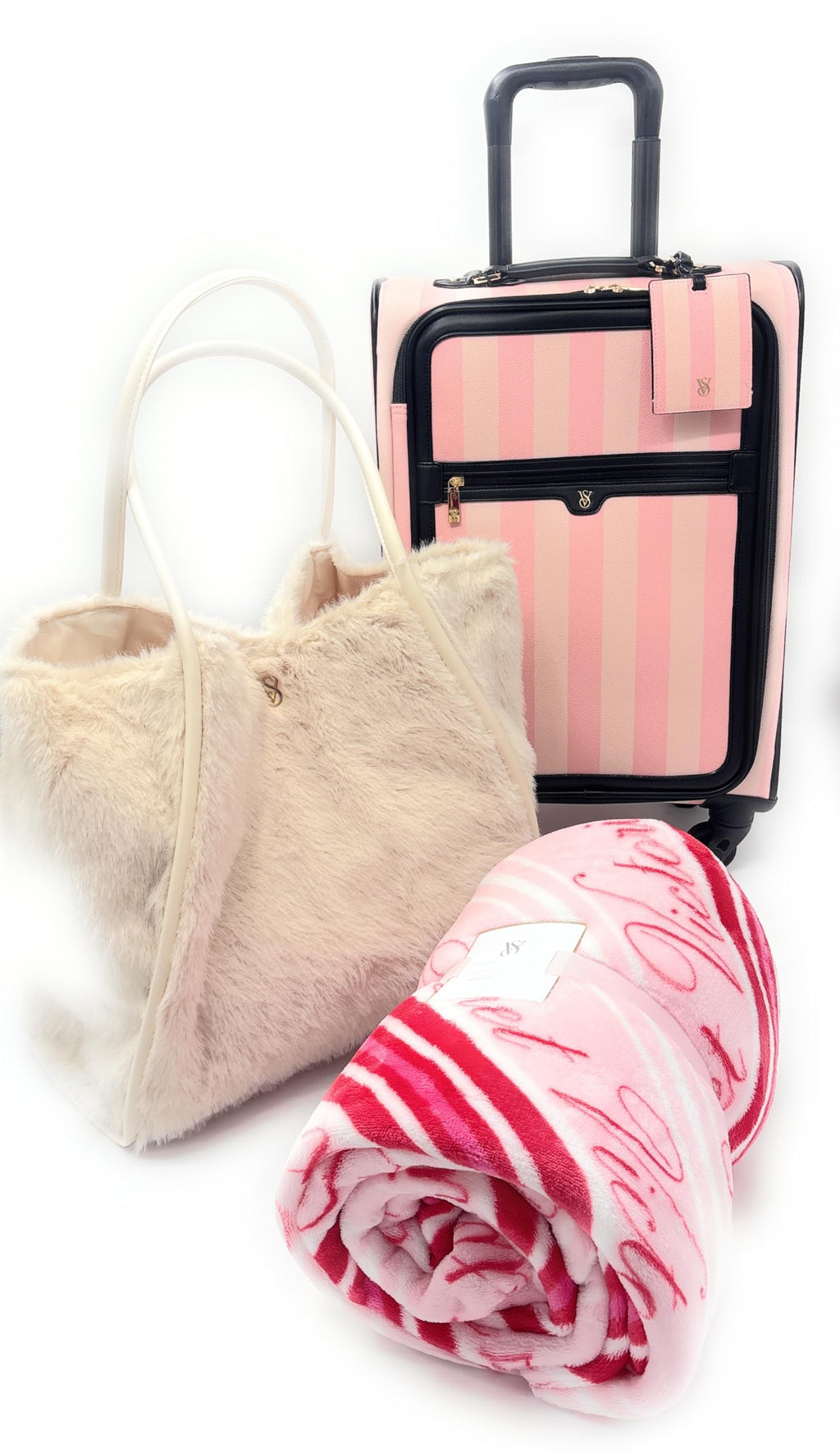 Victoria's Secret Carry-On Luggage Wheelie Suitcase, Blanket, Tote Bag