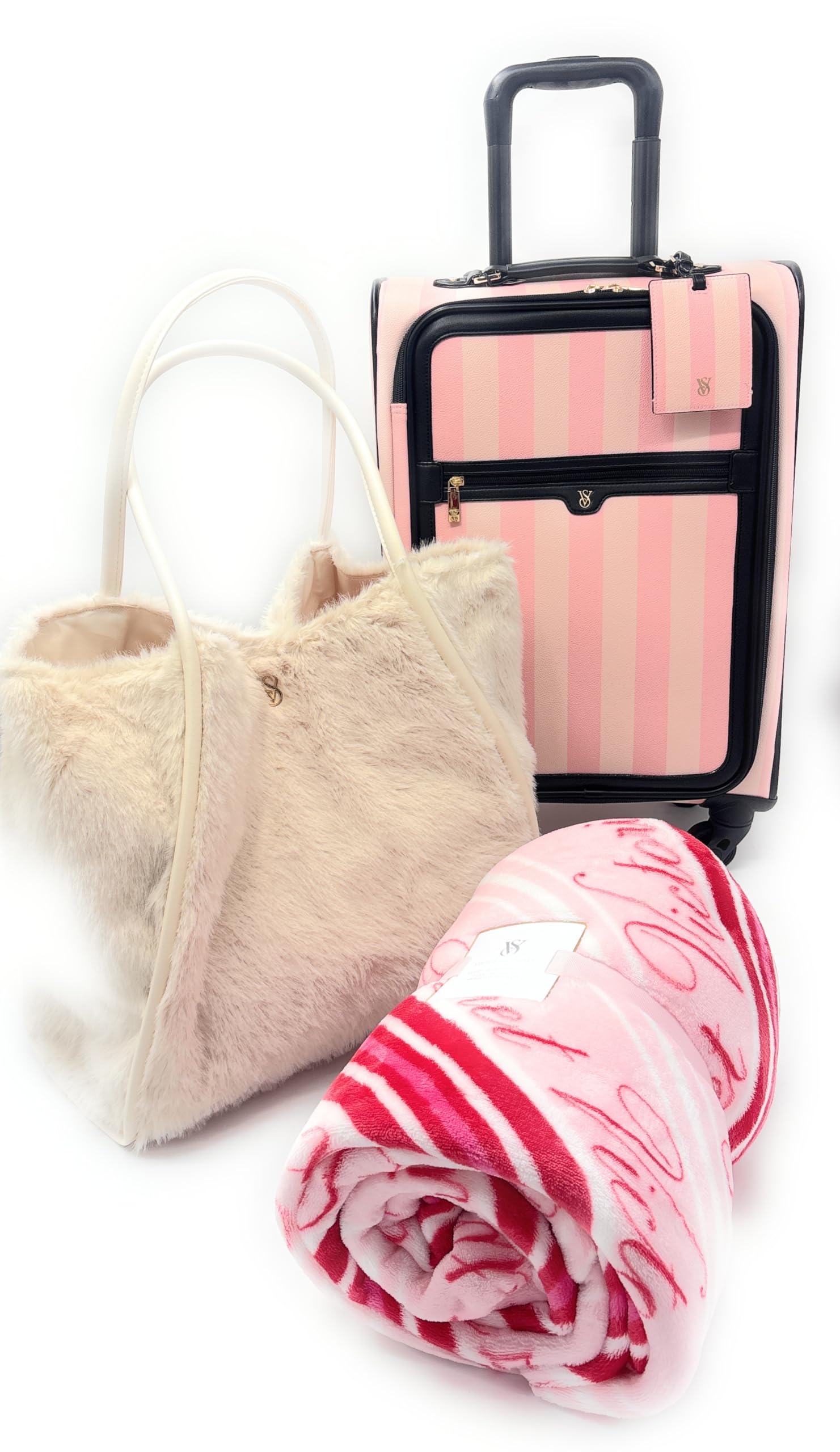Victoria's Secret Carry-On Luggage Wheelie Suitcase, Blanket, Tote Bag