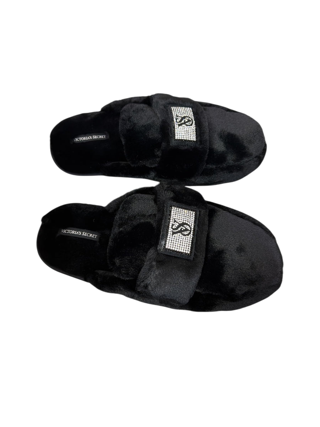 Victoria's Secret Luxe Plush Slide Slippers Black Faux Fur with Rhinestone VS Patch New