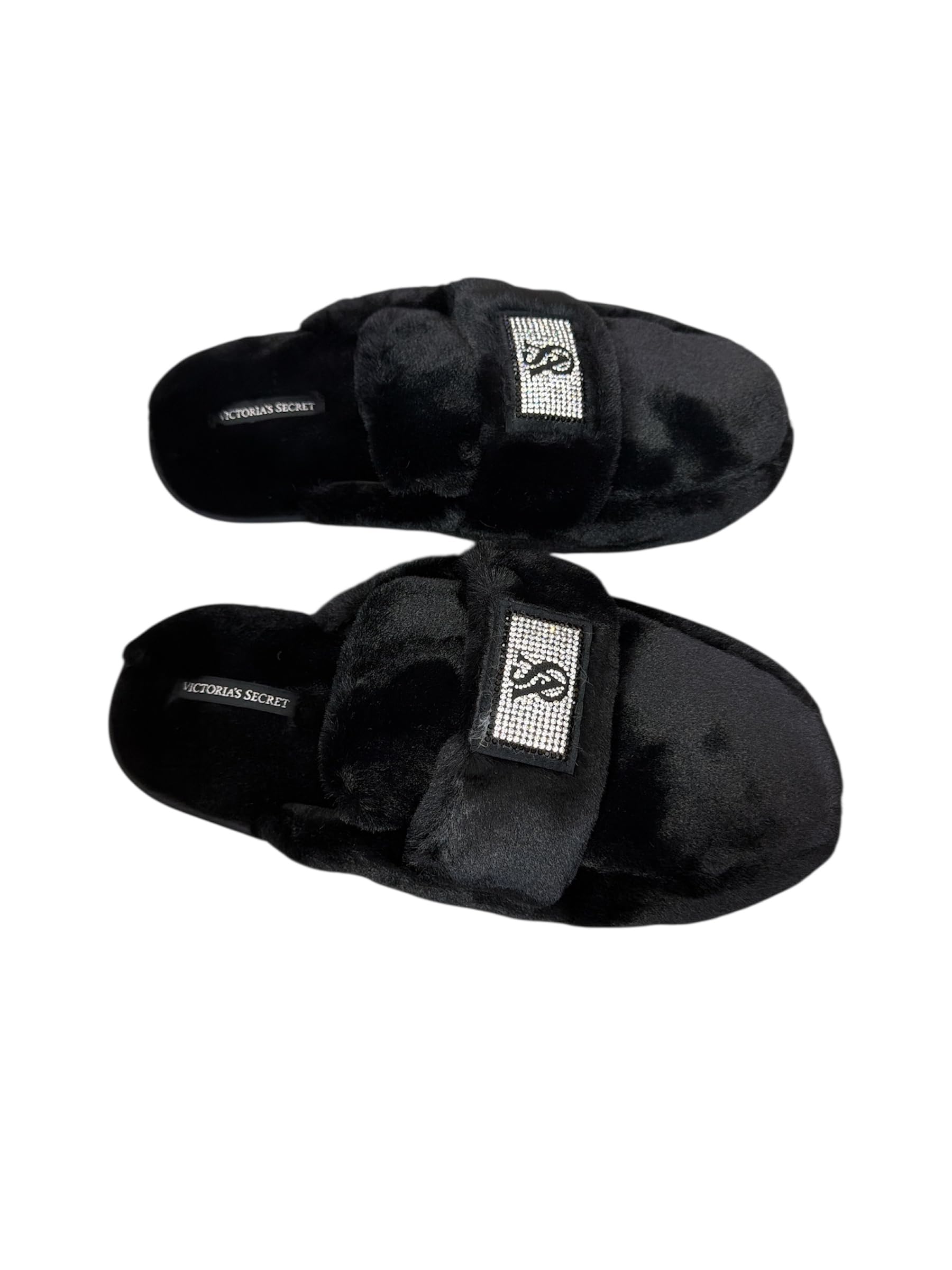 Victoria's Secret Luxe Plush Slide Slippers Black Faux Fur with Rhinestone VS Patch New