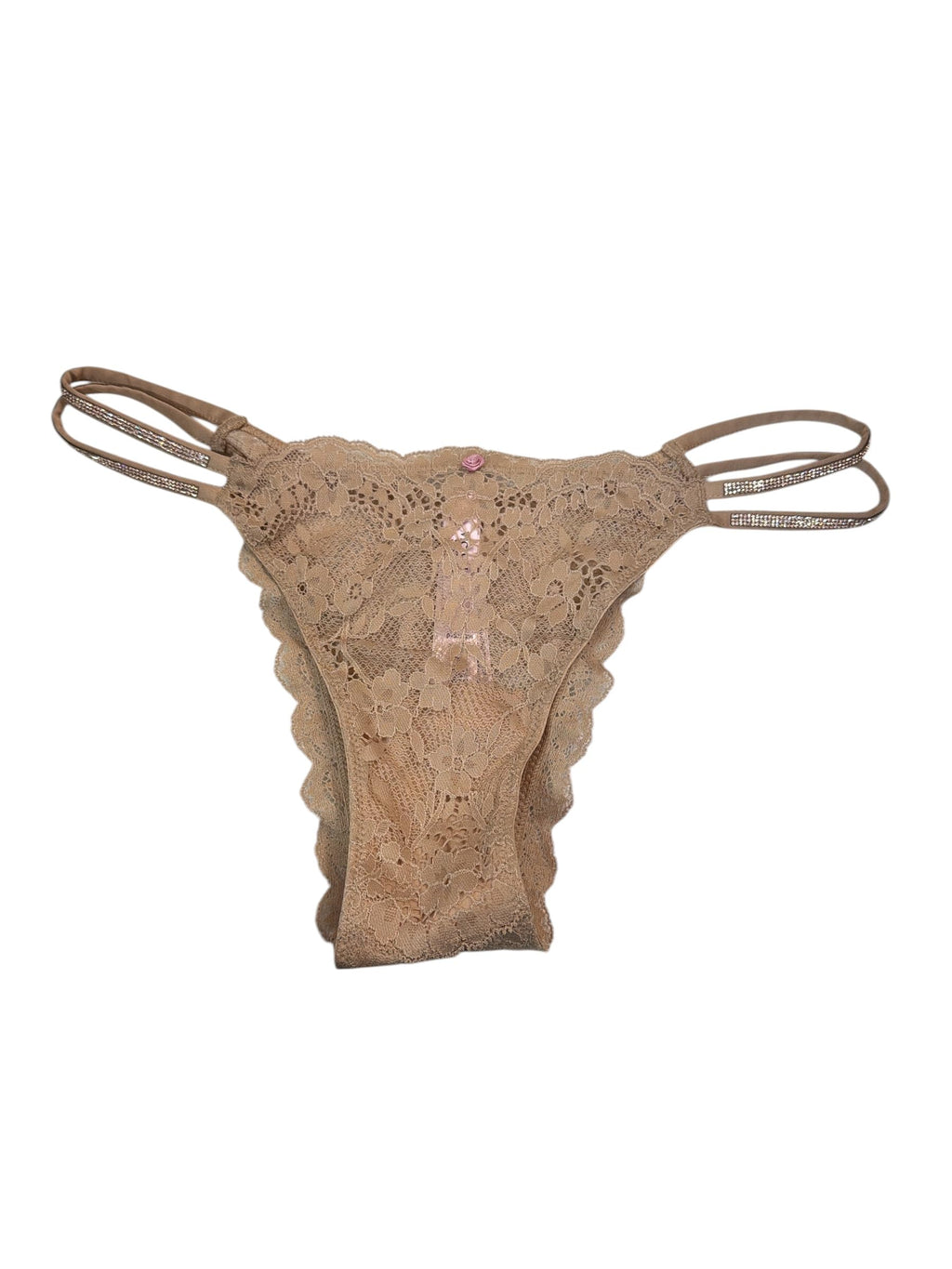 Victoria's Secret Brazilian Panty Tan/Beige Lace Double Rhinestone Strap Women’s Medium New