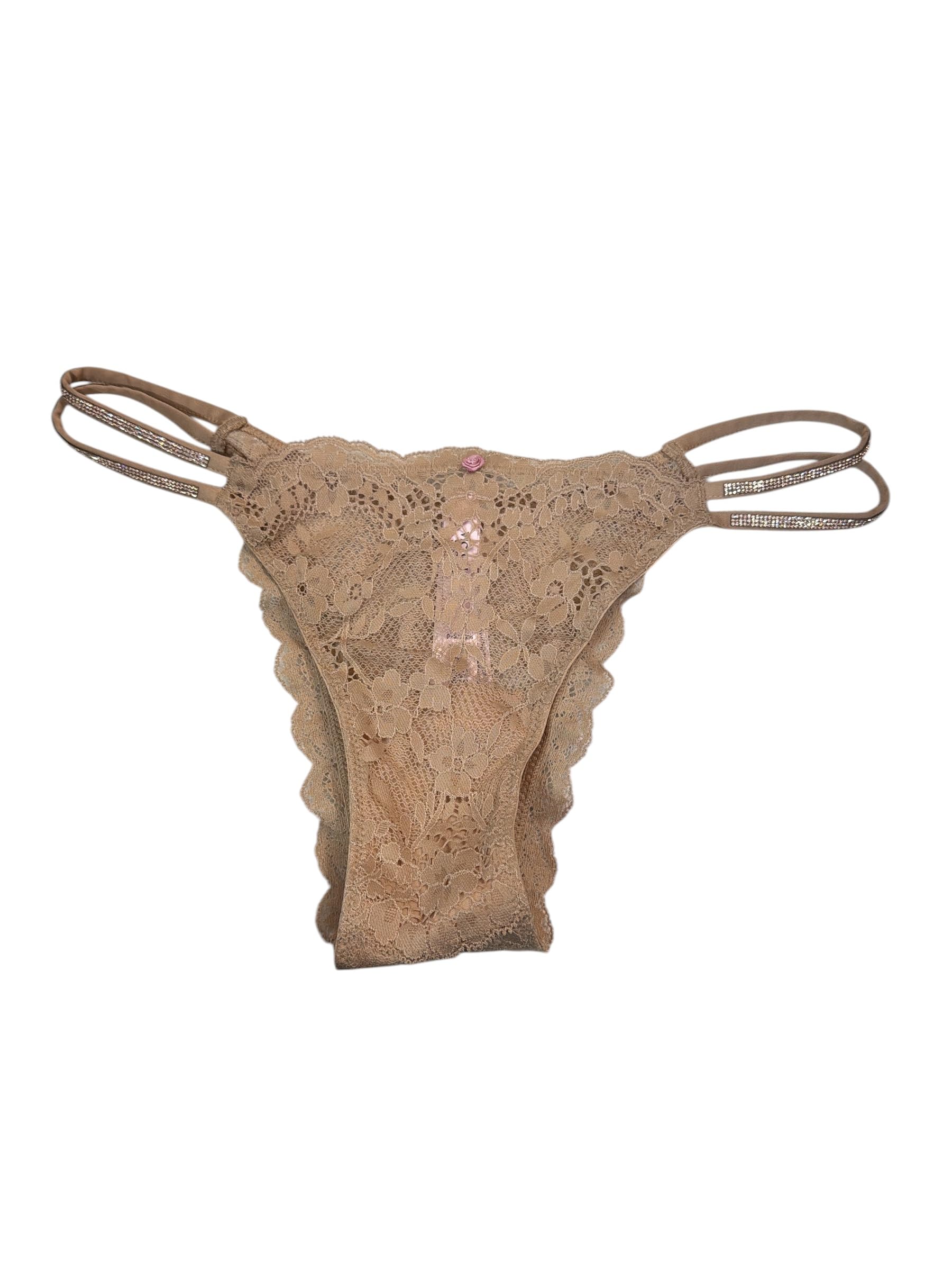 Victoria's Secret Brazilian Panty Tan/Beige Lace Double Rhinestone Strap Women’s Medium New