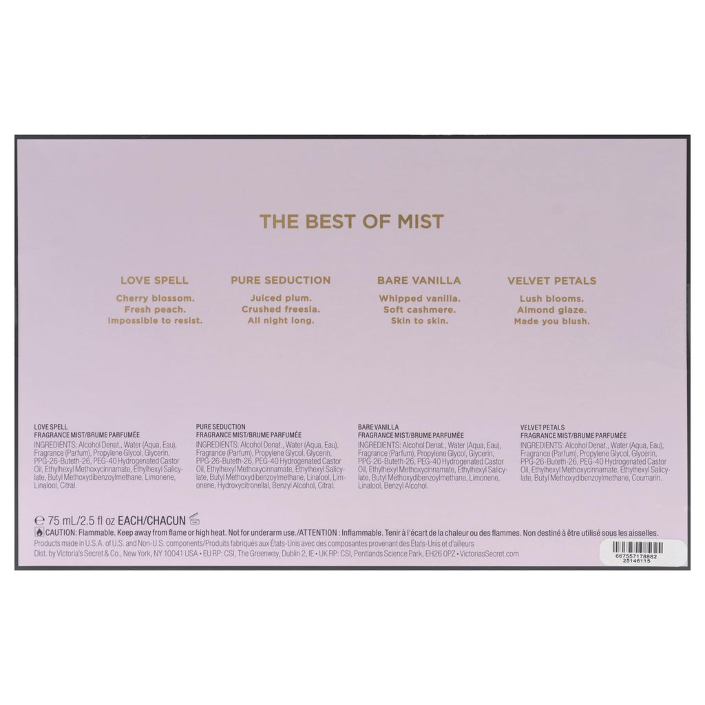 Victorias Secret The Best of Mist Set for Women - 4 Pc Gift Set with Love Spell & Pure Seduction Fragrance Mists