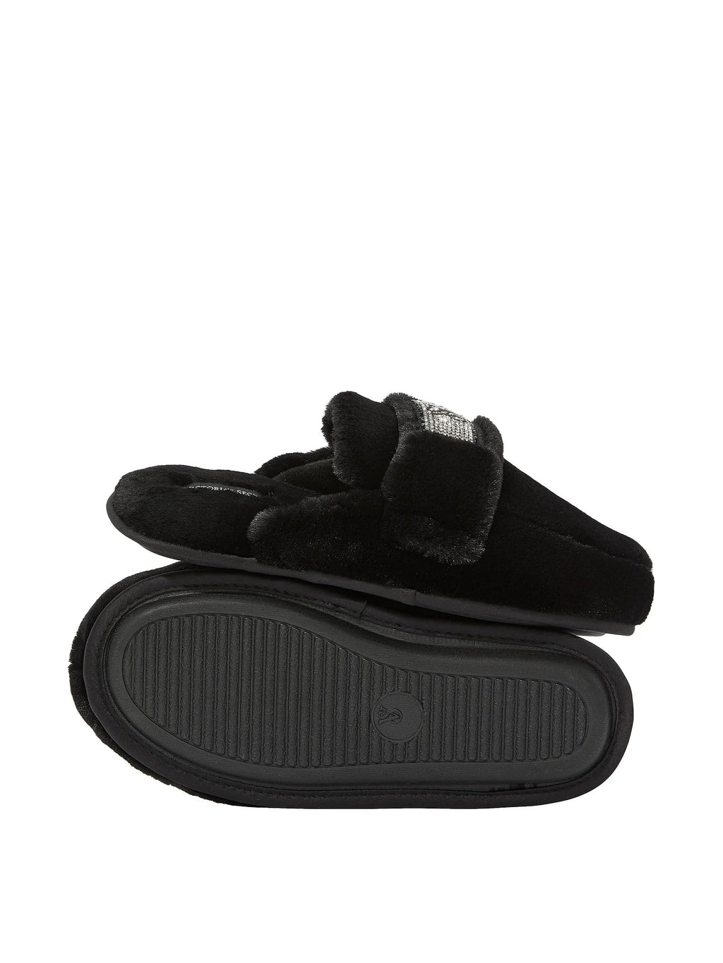 Victoria's Secret Luxe Plush Slide Slippers Black Faux Fur with Rhinestone VS Patch New