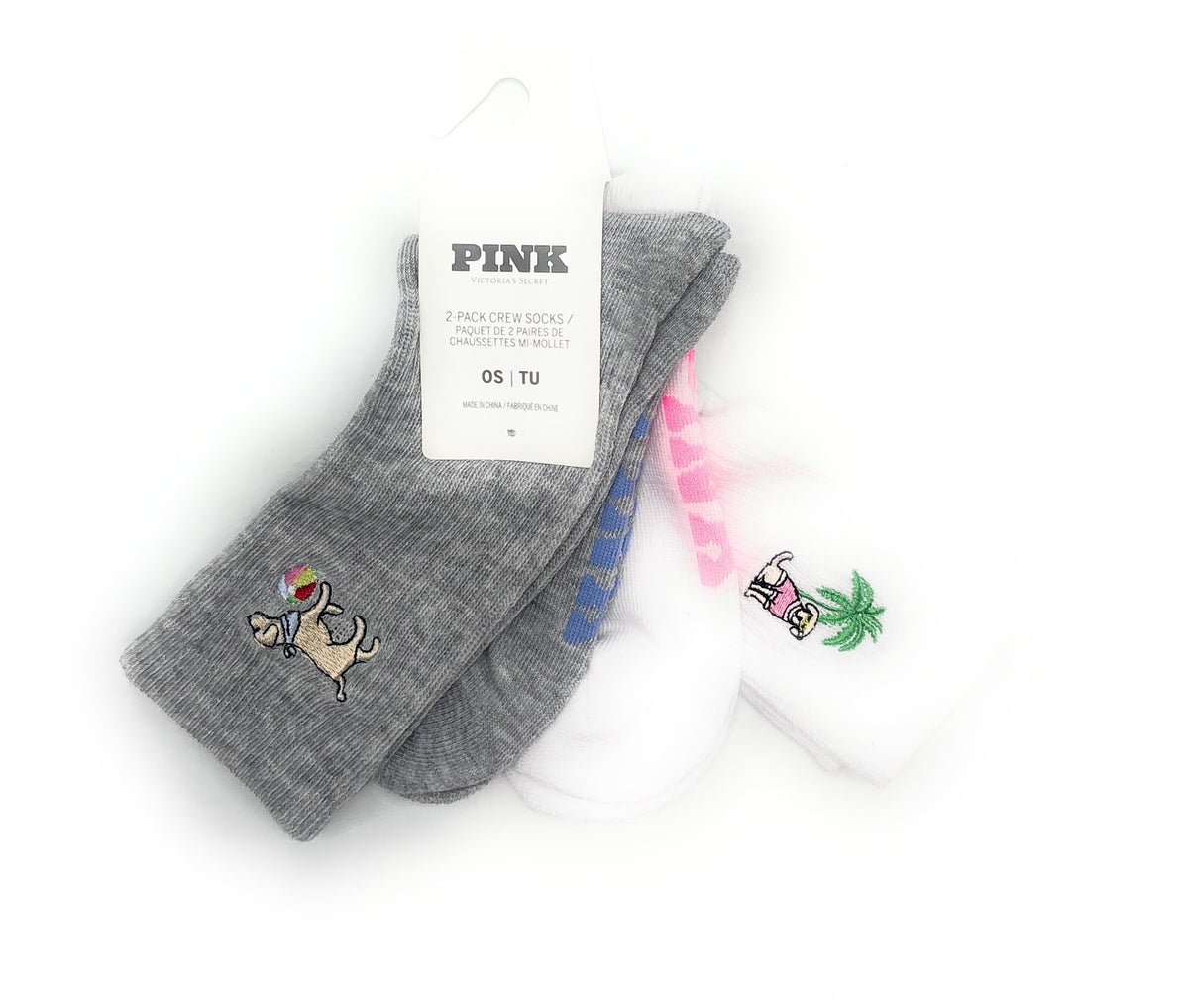 Victoria's Secret PINK 2-Pack Crew Socks (Gray/White/Dogs)