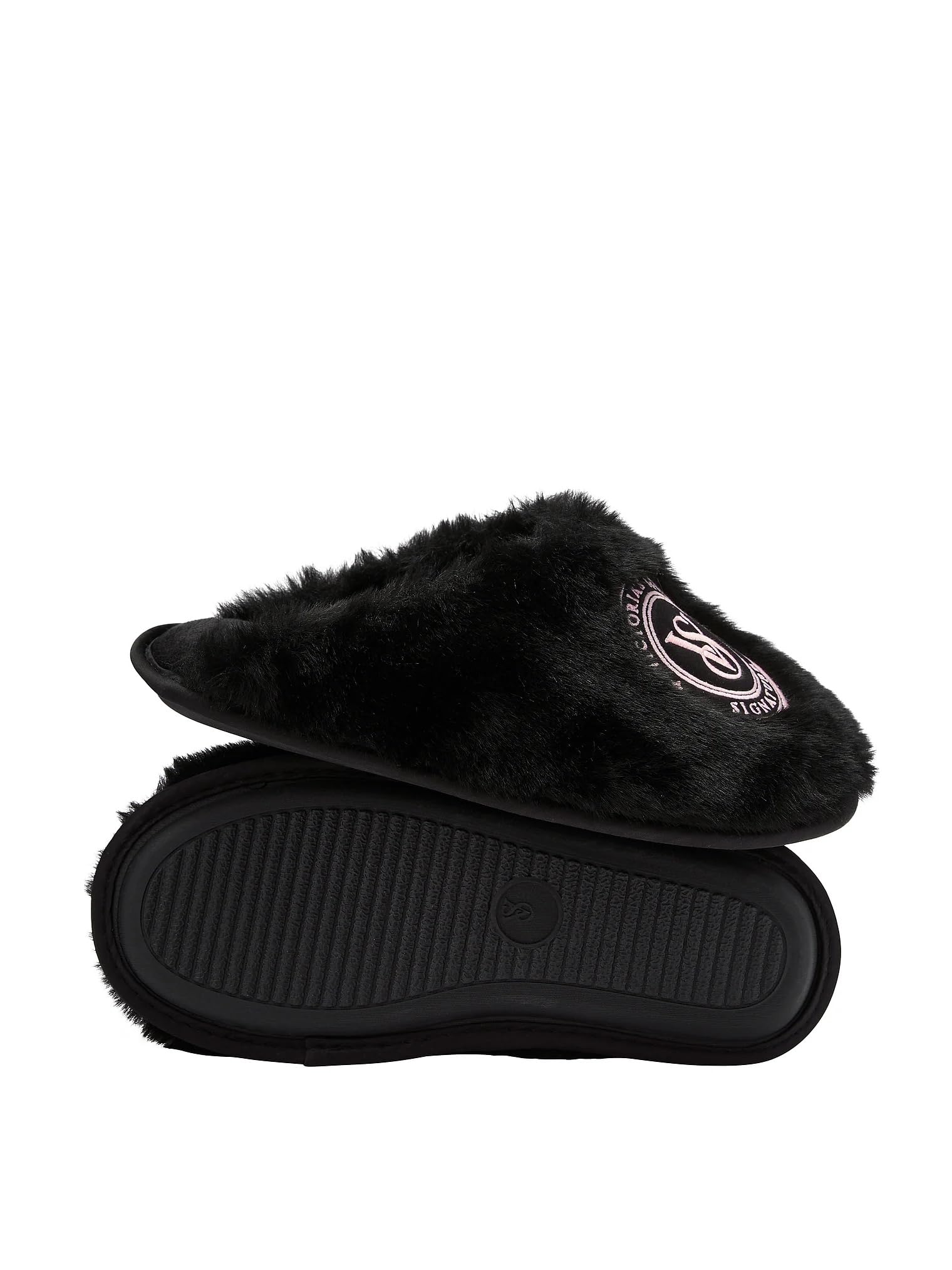 Victoria's Secret Luxe Plush Faux Fur Slippers Black Closed Toe New