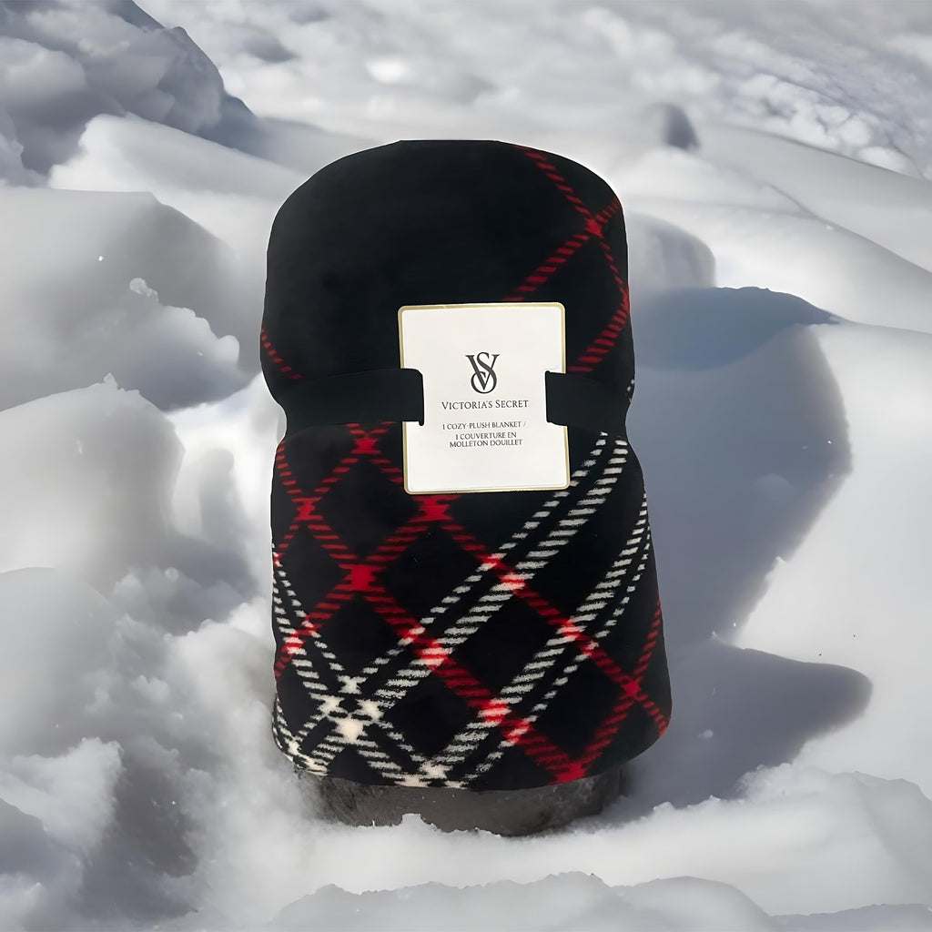 Victoria's Secret Plaid Sherpa Fleece Throw Blanket Black Red Logo New