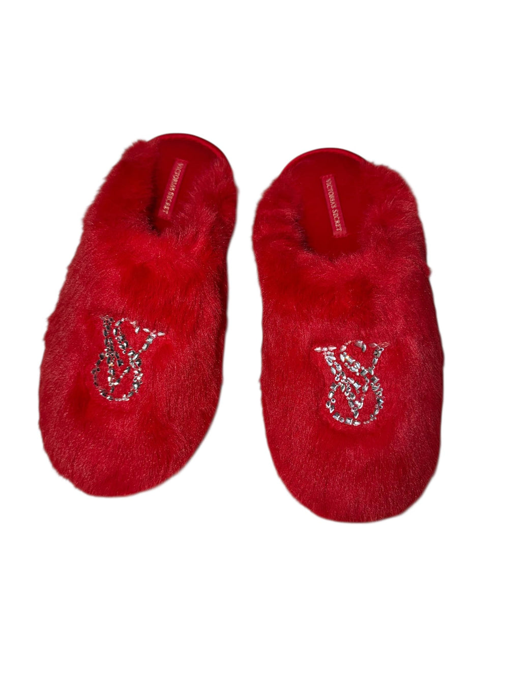 Victoria's Secret Luxe Plush Rhinestone Faux Fur Closed Toe Slippers Red Shine Soft Cozy House Shoes New