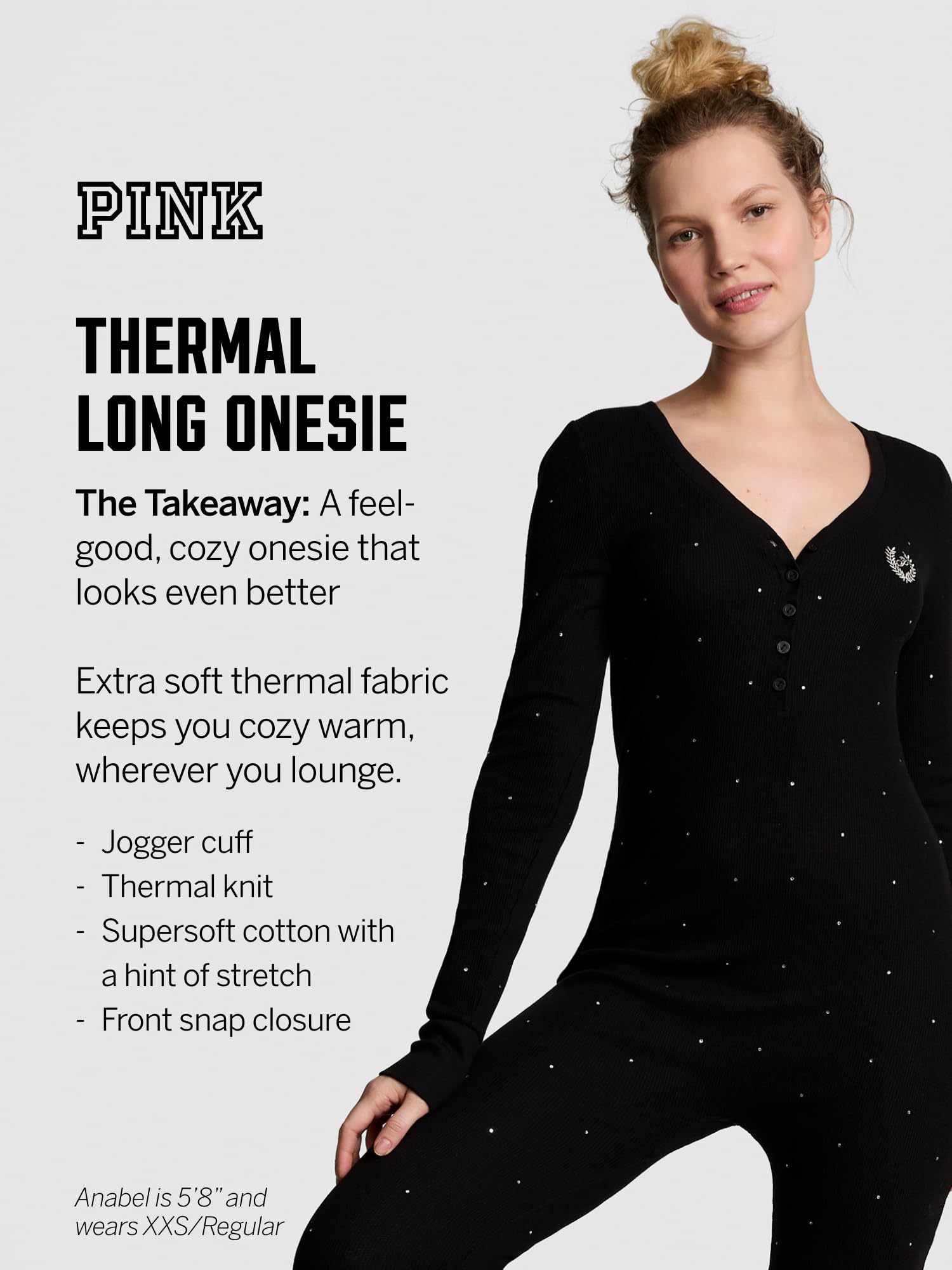 Victoria's Secret PINK Thermal Onesie Pajama Set, Sleepwear for Women, Pure Black (S)