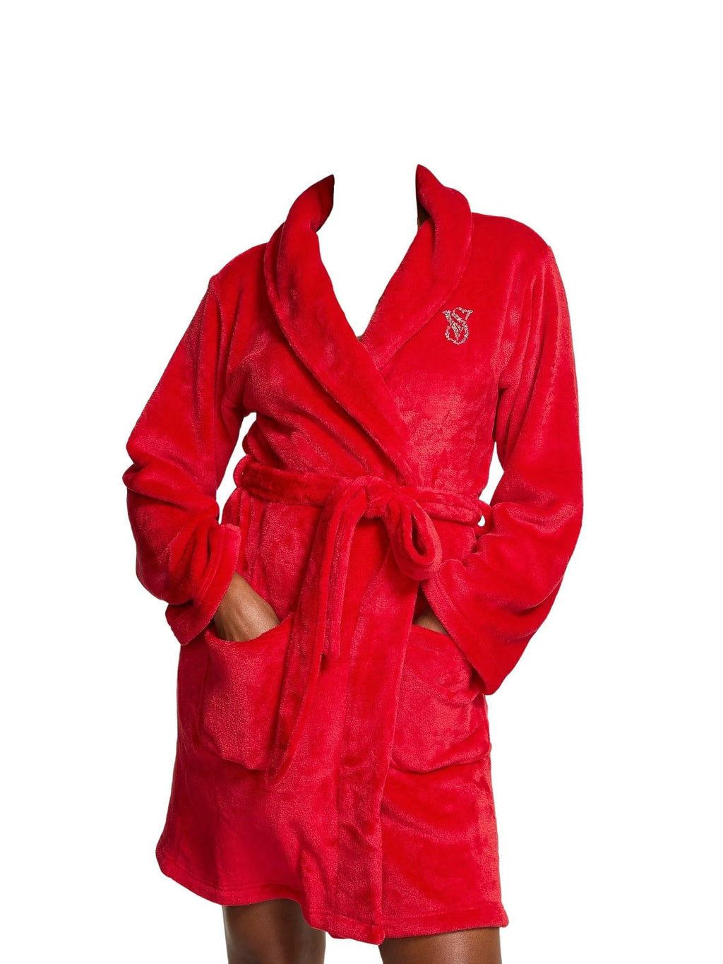 Victoria's Secret Signature Short Cozy Plush Robe Red Belted Wrap with Rhinestone VS Logo New
