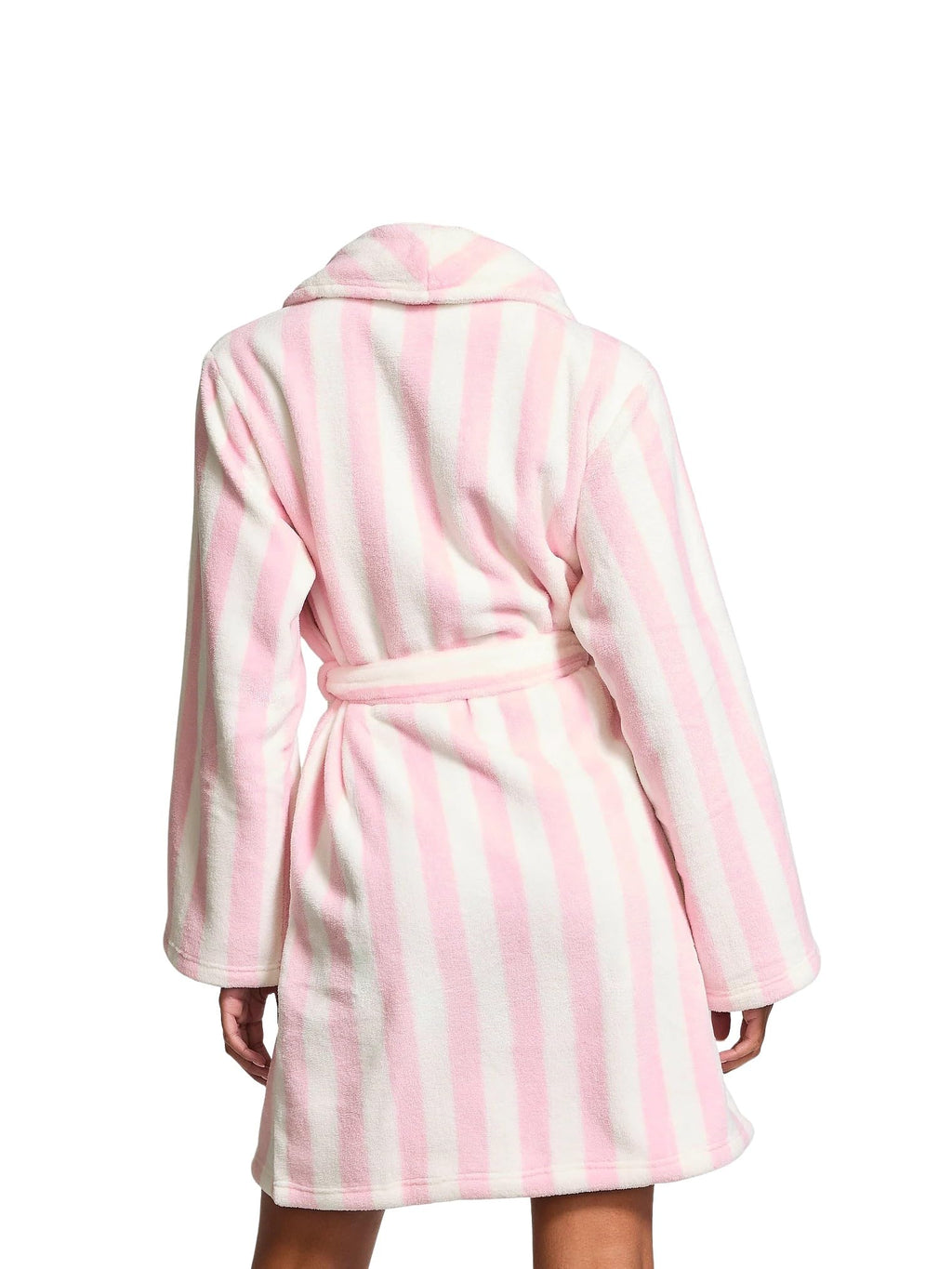 Victoria's Secret Short Cozy Plush Fleece Robe Pink White Stripe Soft Lounge Belted Bathrobe New