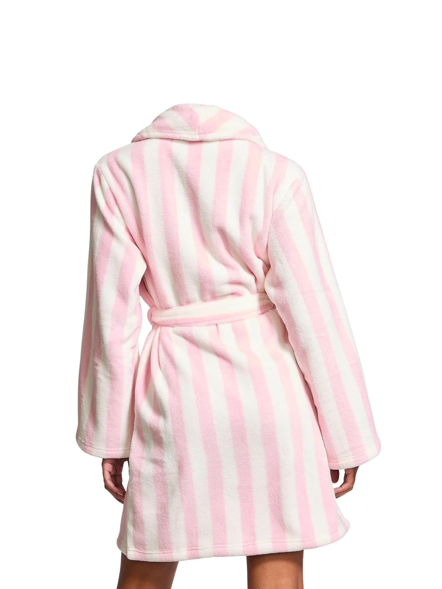 Victoria's Secret Short Cozy Plush Fleece Robe Pink White Stripe Soft Lounge Belted Bathrobe New