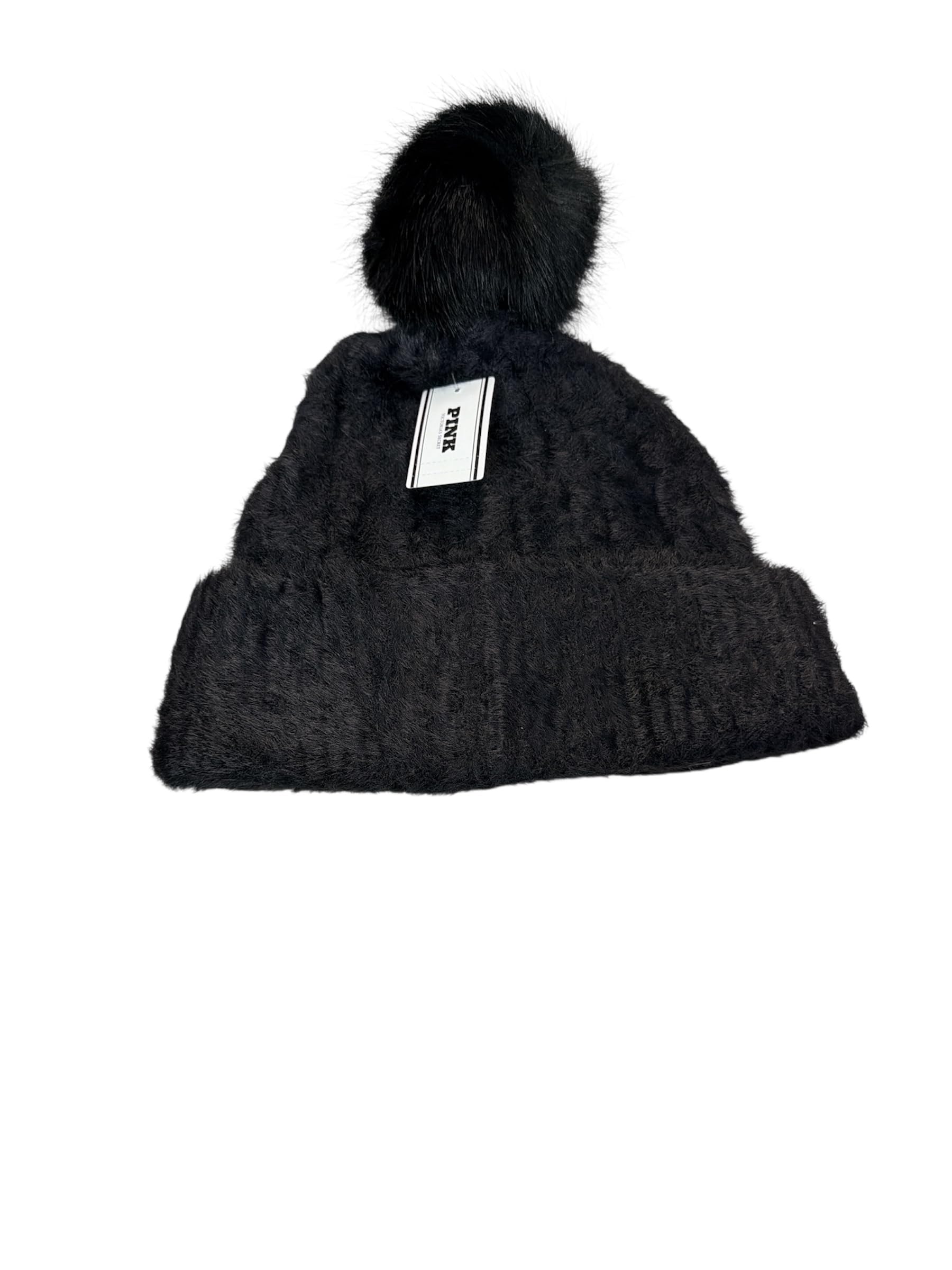 Victoria's Secret Pink Fuzzy Feels Pom Beanie Hat Black One Size New