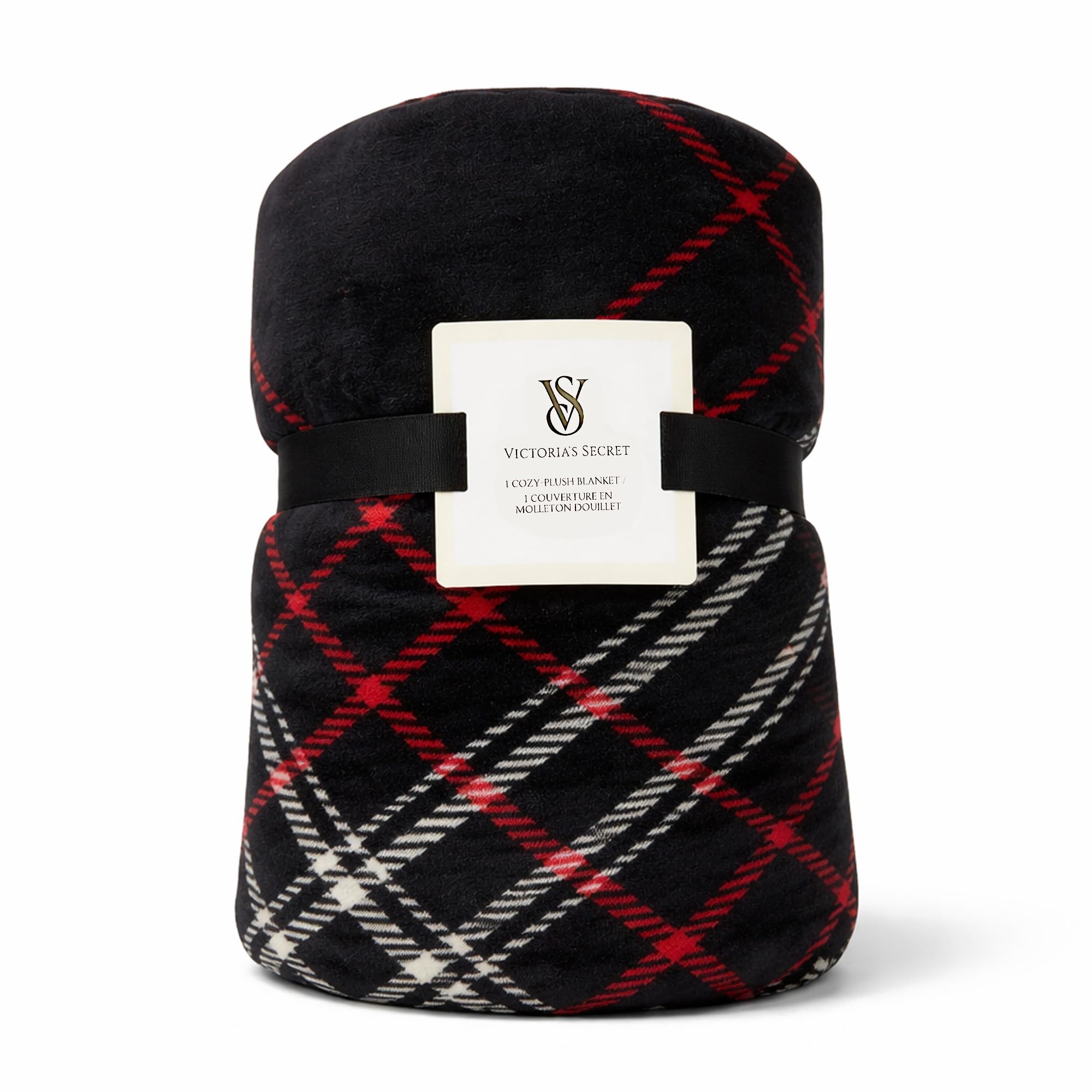 Victoria's Secret Plaid Sherpa Fleece Throw Blanket Black Red Logo New