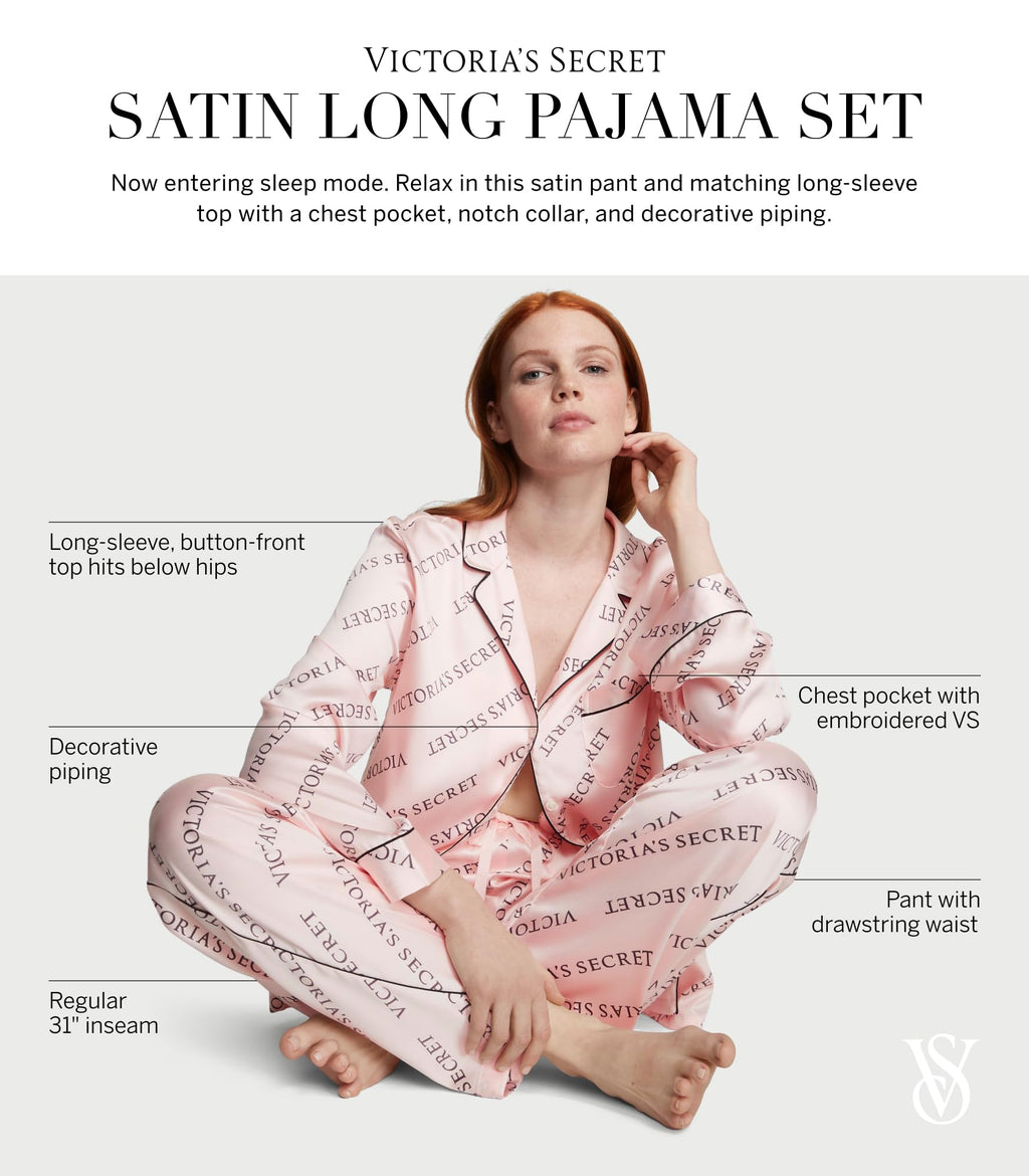 Victoria's Secret Satin Long Pajama Set, Silk Pajamas, PJ Set for Women, 2 Piece Lounge Set Silk PJs, Women's Sleepwear, Pink (XS)