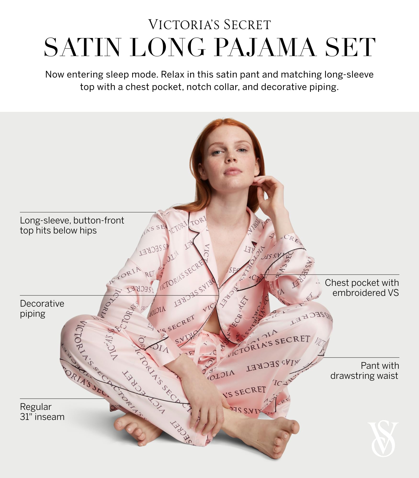 Victoria's Secret Satin Long Pajama Set, Silk Pajamas, PJ Set for Women, 2 Piece Lounge Set Silk PJs, Women's Sleepwear, Pink (XS)