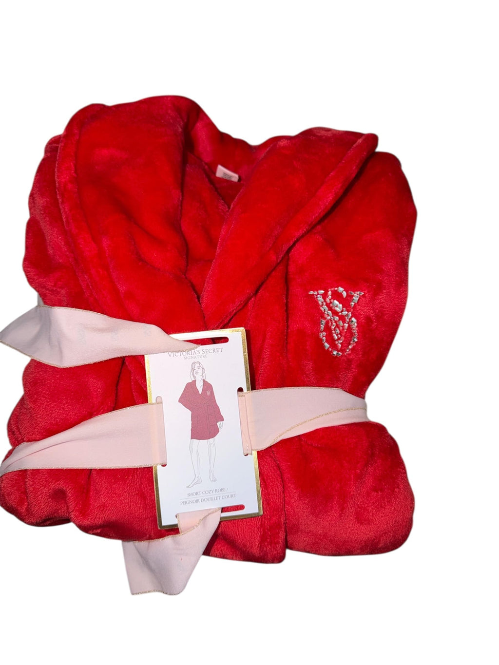Victoria's Secret Signature Short Cozy Plush Robe Red Belted Wrap with Rhinestone VS Logo New
