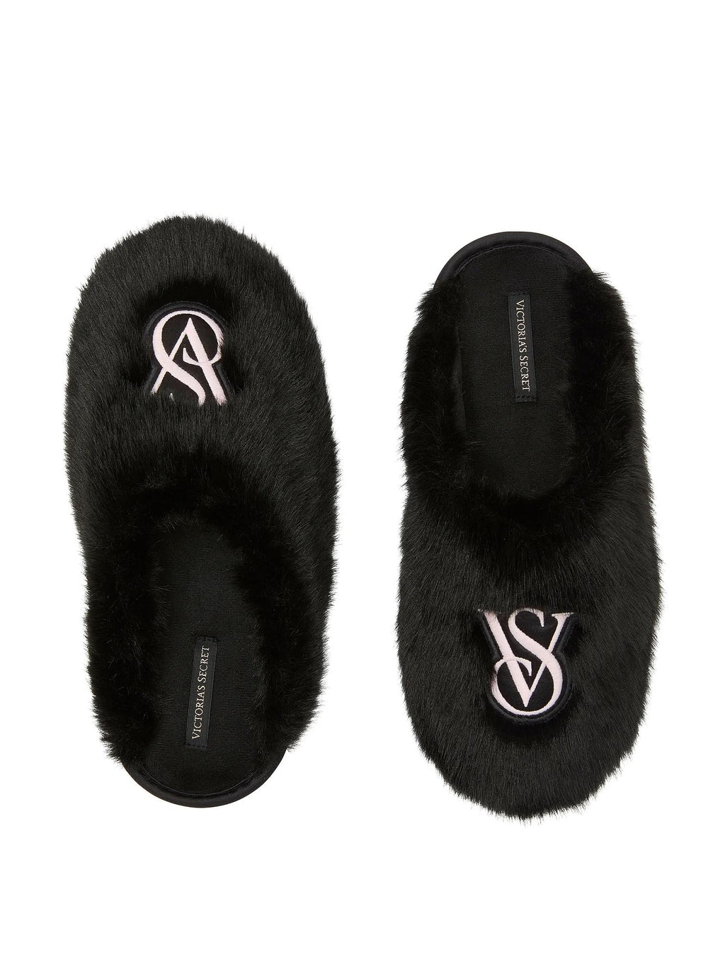 Victoria's Secret Luxe Plush Faux Fur Closed Toe Slippers Black Soft Cozy House Shoes New (Black, M, US Footwear Size System, Adult, Women, Alpha, Medium, Small)