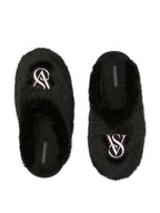 Victoria's Secret Luxe Plush Faux Fur Closed Toe Slippers Black Soft Cozy House Shoes New (Black, M, US Footwear Size System, Adult, Women, Alpha, Medium, Small)