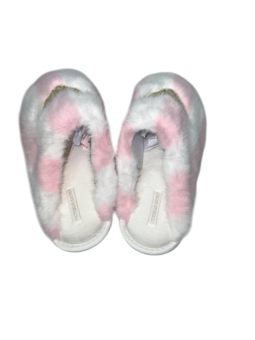 Victoria's Secret Luxe Plush Faux Fur Slippers Pink White Stripe New