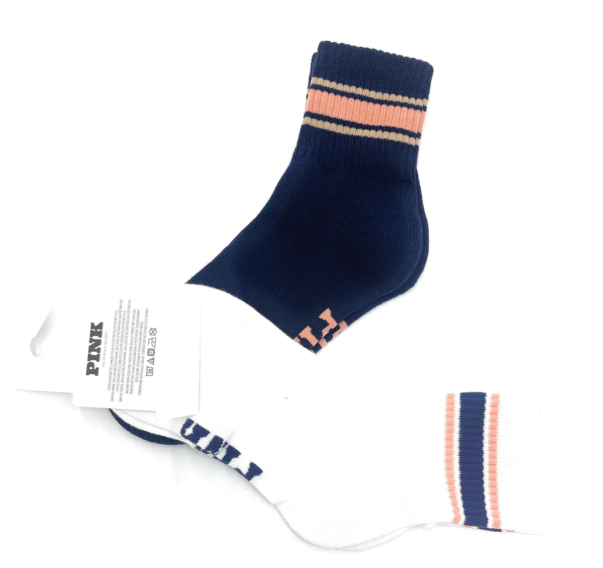 Victoria's Secret PINK 2-Pack Quarter Socks (White/Navy/Logo)