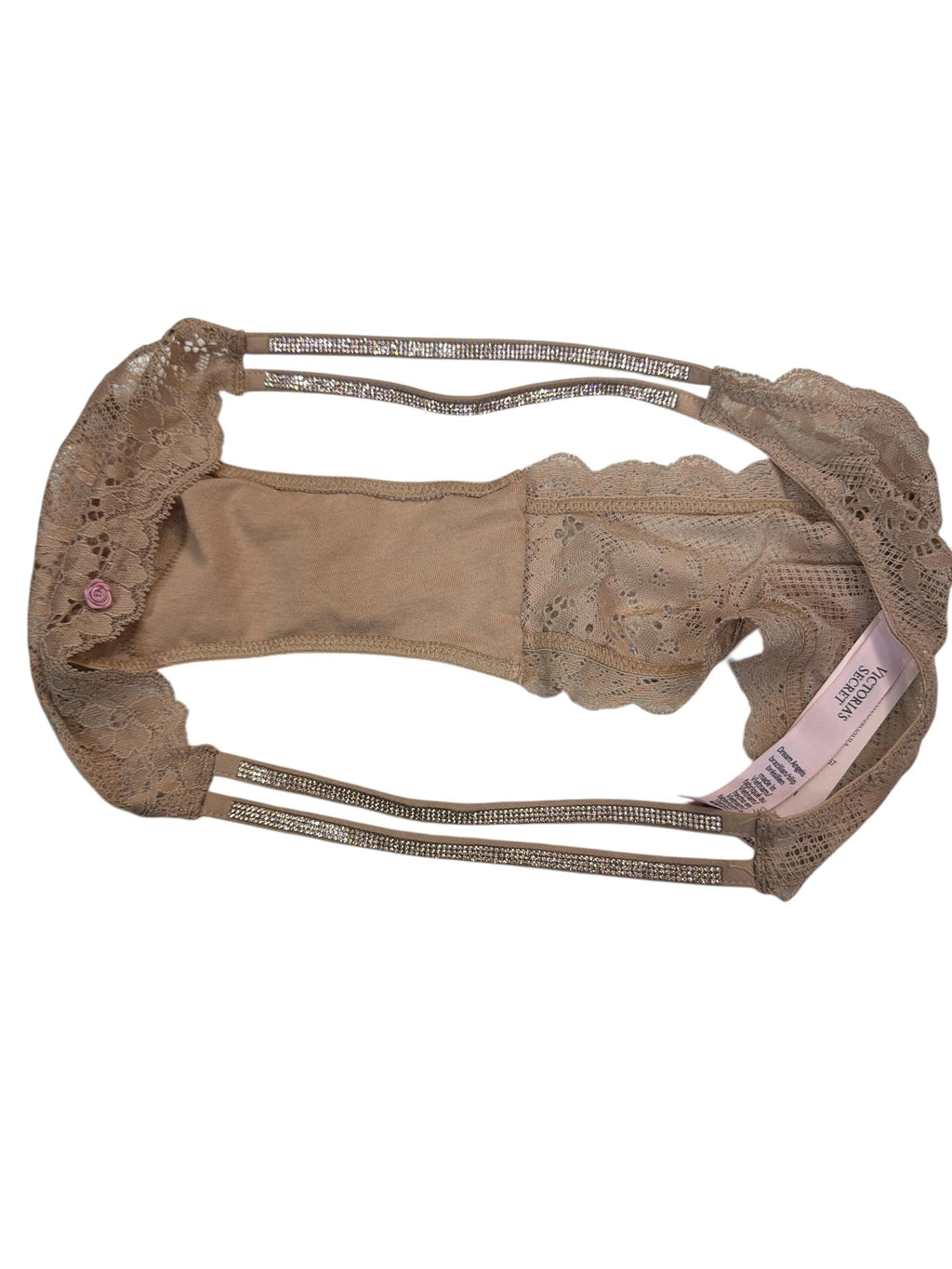 Victoria's Secret Brazilian Panty Tan/Beige Lace Double Rhinestone Strap Women’s Medium New
