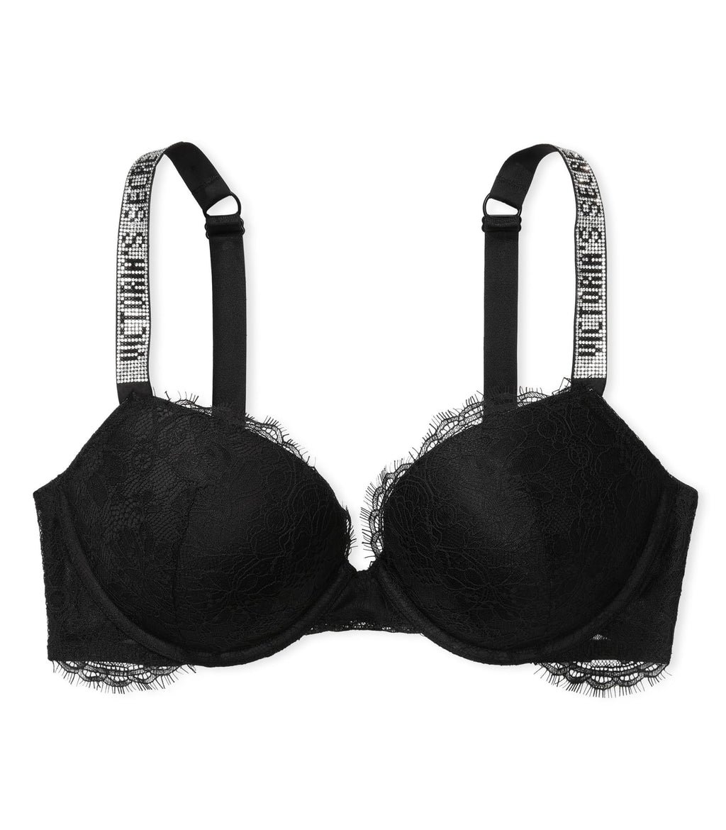 Victoria's Secret Shine Strap Push Up Bra, Adds One Cup Size, Padded, Plunge Neckline, Lace, Bras for Women, Very Sexy Collection, Black (36C)