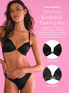 Victoria's Secret Bombshell Shine Strap Push Up Bra, Add 2 Cups, Moderate Coverage, Plunge Neckline, Lace, Bras for Women, Very Sexy Collection, Black (32A)