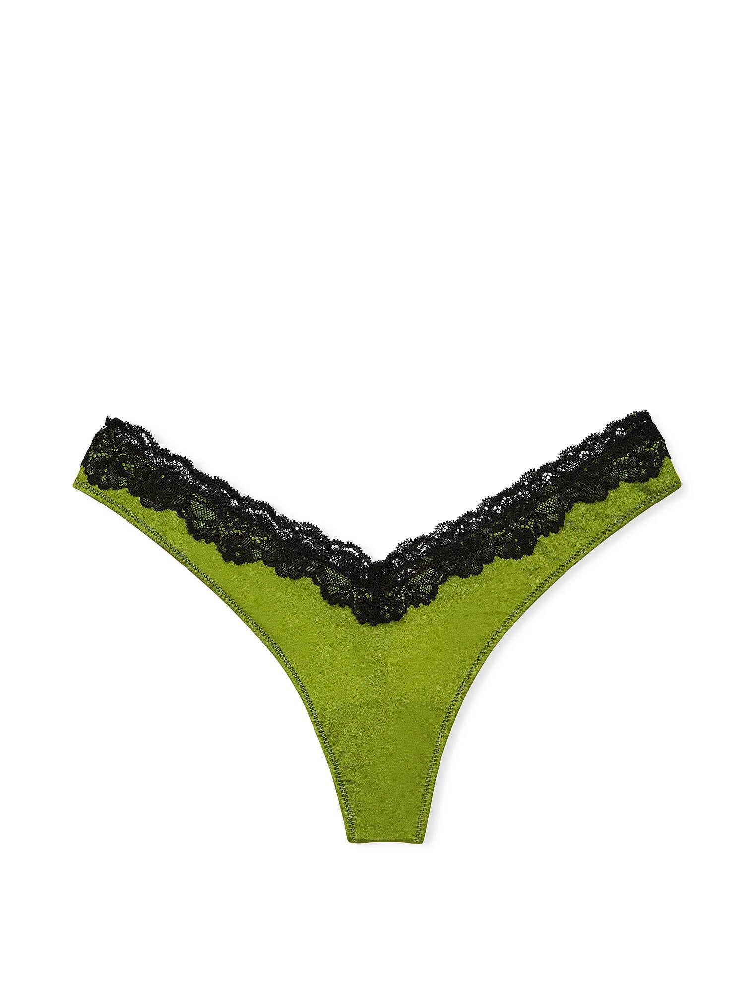 Victoria's Secret Lace Trim High Leg Thong Panty Green Black Women New