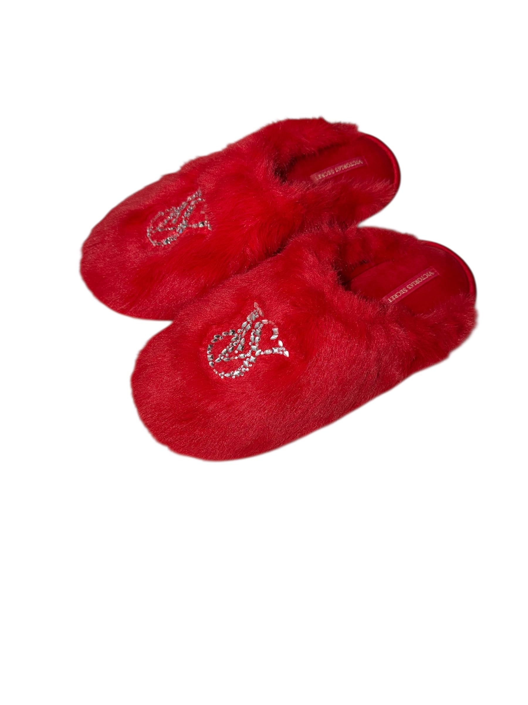 Victoria's Secret Luxe Plush Rhinestone Faux Fur Closed Toe Slippers Red Shine Soft Cozy House Shoes New