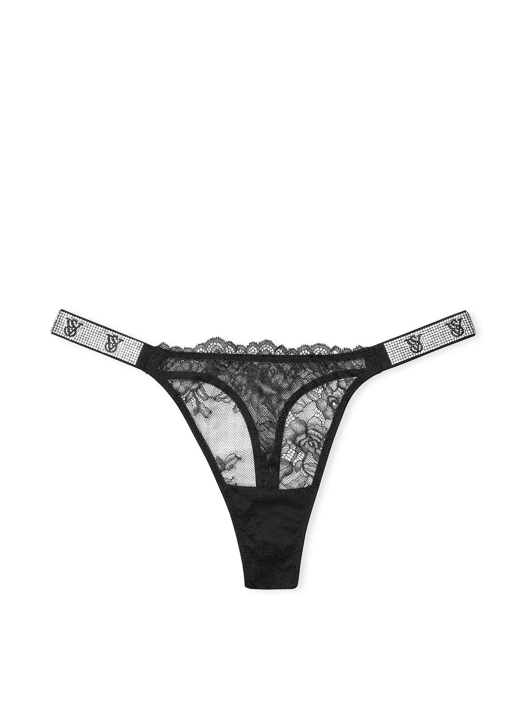 Victoria's Secret Very Sexy Lace Thong Panty Black Shine Strap New