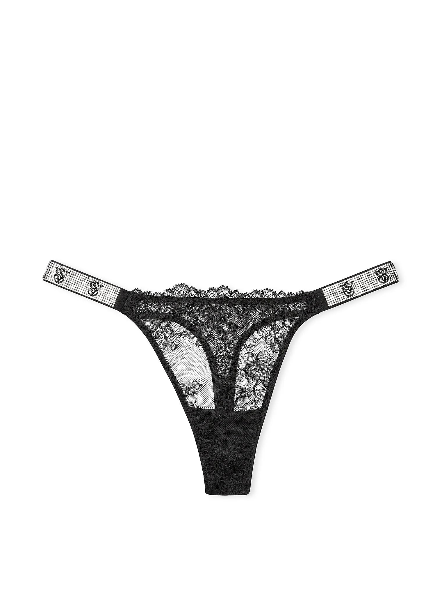 Victoria's Secret Very Sexy Lace Thong Panty Black Shine Strap New